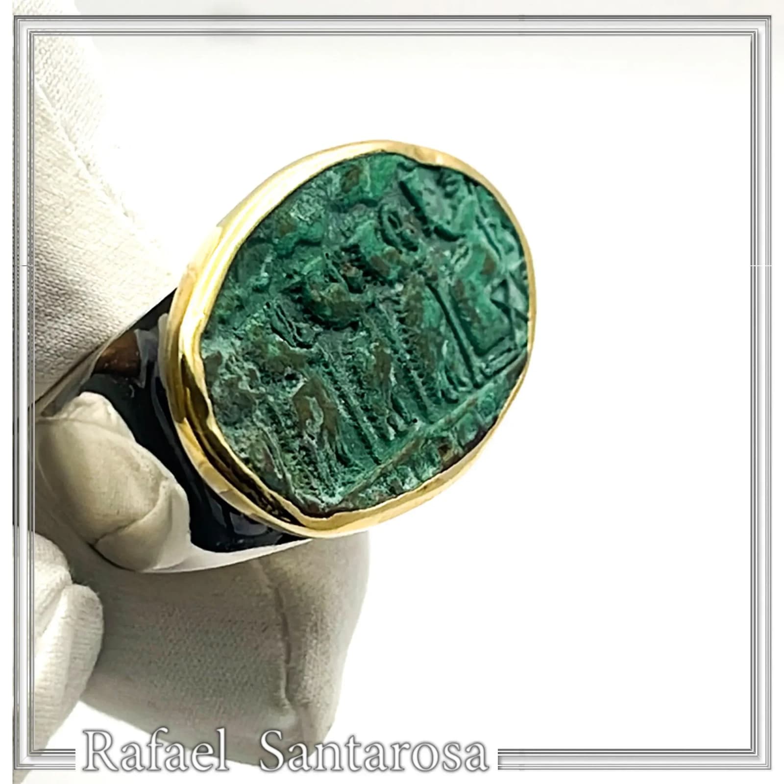 Minoan Sacred Scene Ring, Oxidised Copper, 14K Gold Bezel, Sterling Silver Band — Rings from Rafael Santarosa Fine Jewelry