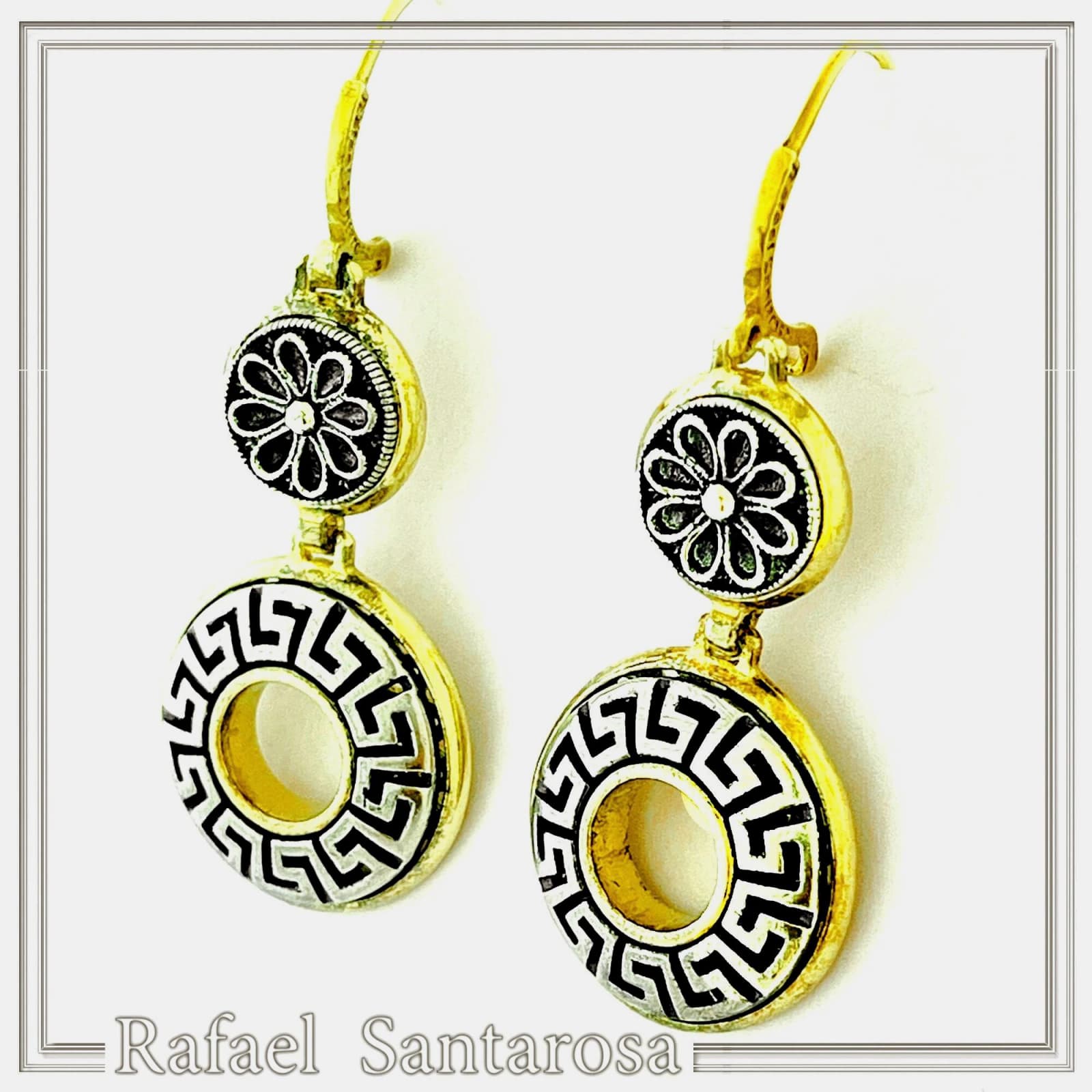 Greek Key and Greek flower Museum Earrings: 18K Gold Filled & Oxidized Sterling Silver — Earrings from Rafael Santarosa Fine Jewelry