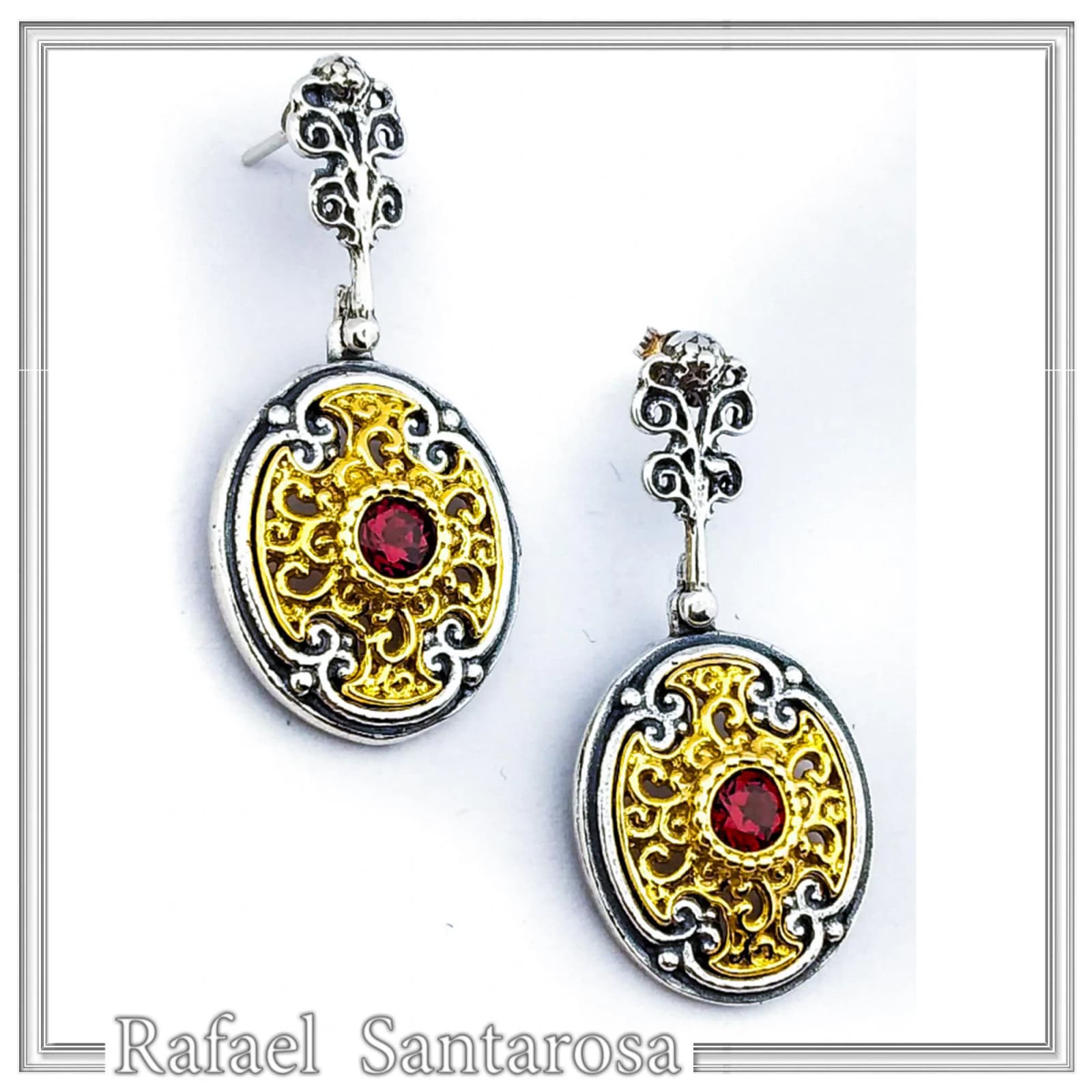 Natural Red Garnet Byzantine style Earrings: Oxidized & 18K Gold-Filled Sterling Silver, — Earrings from Rafael Santarosa Fine Jewelry
