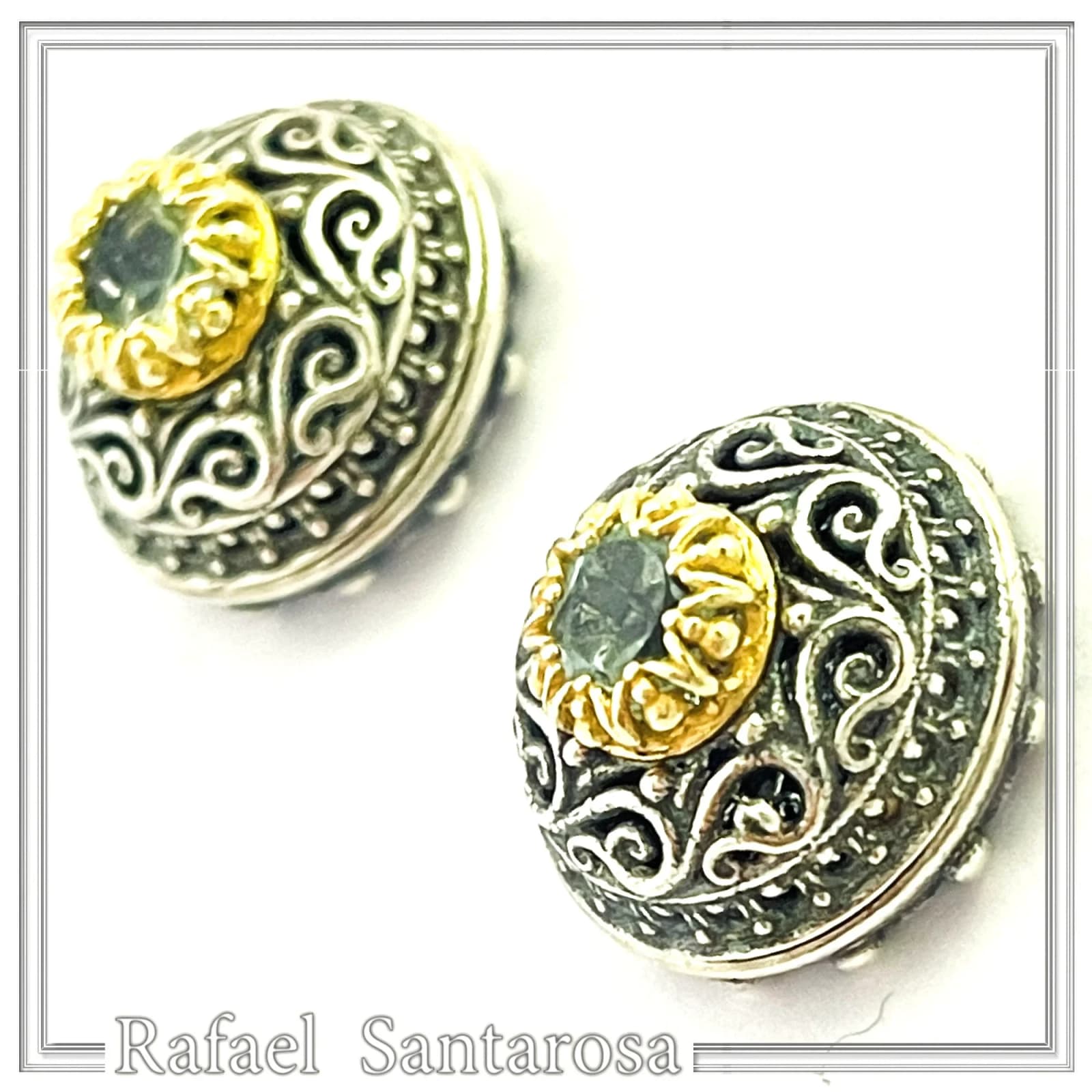 Byzantine Filigree Genuine Blue Topaz Stud Earrings: Oxidised & 18K Gold Filled Sterling Silver — Earrings from Rafael Santarosa Fine Jewelry