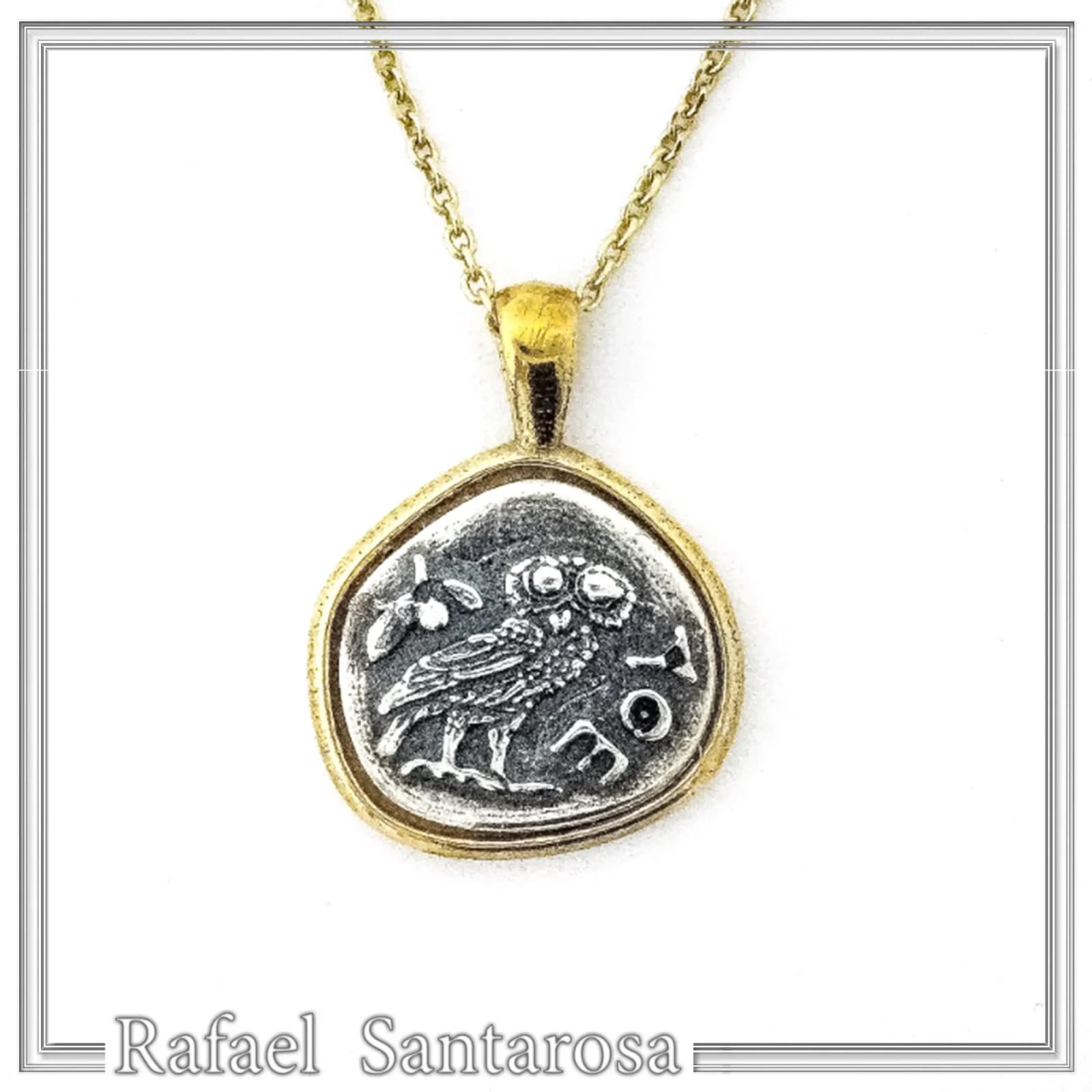 Ancient Greek Owl Coin Necklace, Athena Tetradrachm, Sterling Silver & 18K Gold Filled, Historical Gift — Necklaces from Rafael Santarosa Fine Jewelry