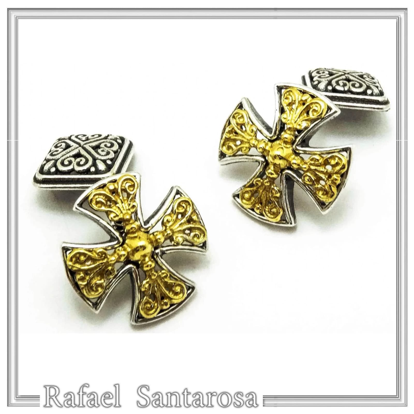 Byzantine Religious Cross Cufflinks: Oxidized & 18k Gold Filled Filigree Sterling Silver Christian cufflinks — Decorative objects from Rafael Santarosa Fine Jewelry