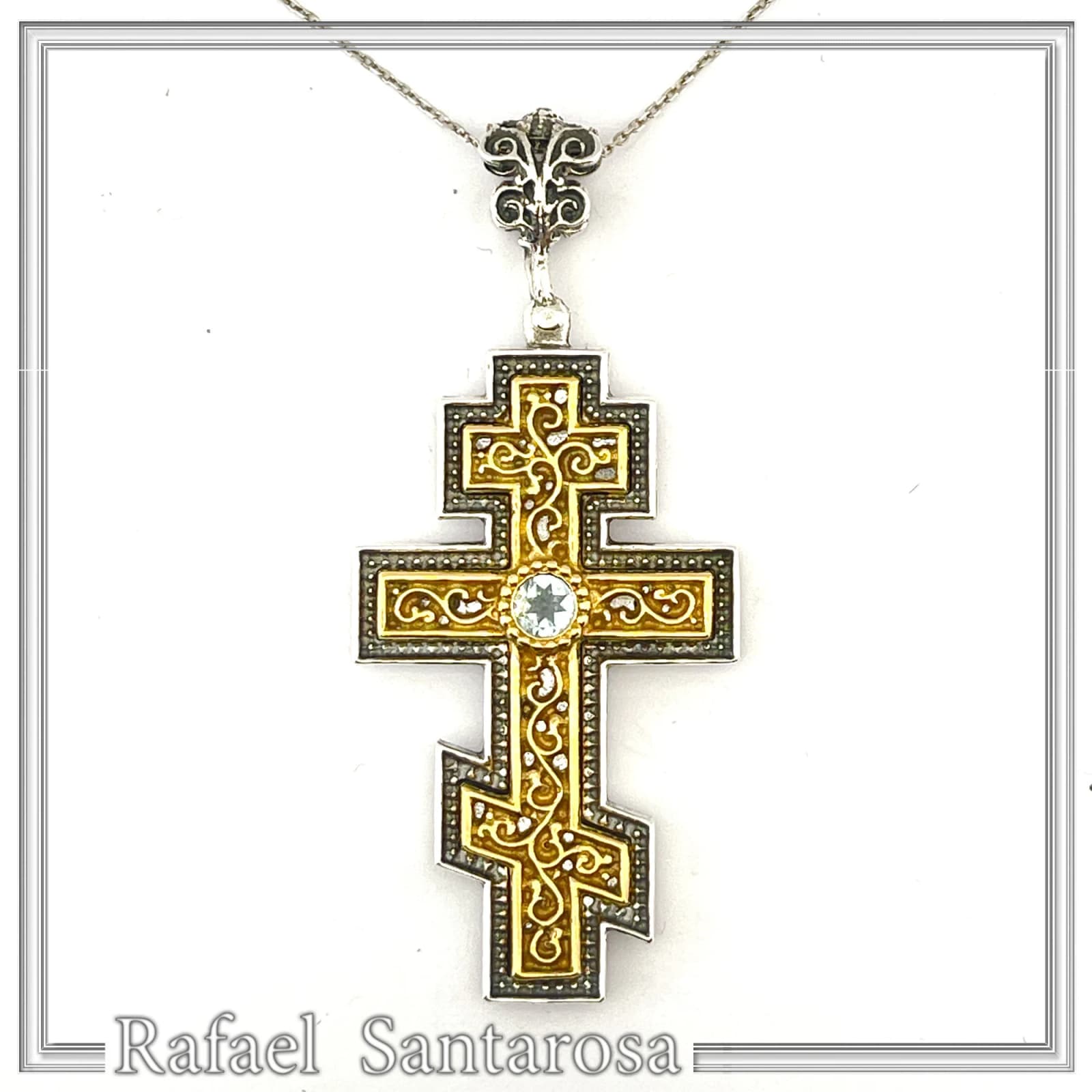 Russian type Orthodox Cross: Sky Blue Topaz, Oxidized & 18K Gold Filled Silver Byzantine Filigree — Decorative objects from Rafael Santarosa Fine Jewelry