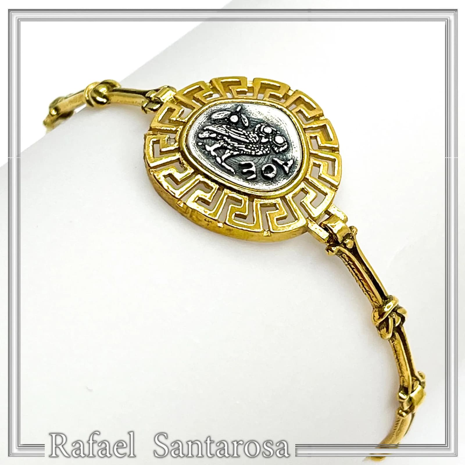 Athena Goddess Owl Tetradrachm Coin Greek Key Bracelet: Oxidized & 18k Gold Filled Sterling Silver — Bracelets from Rafael Santarosa Fine Jewelry