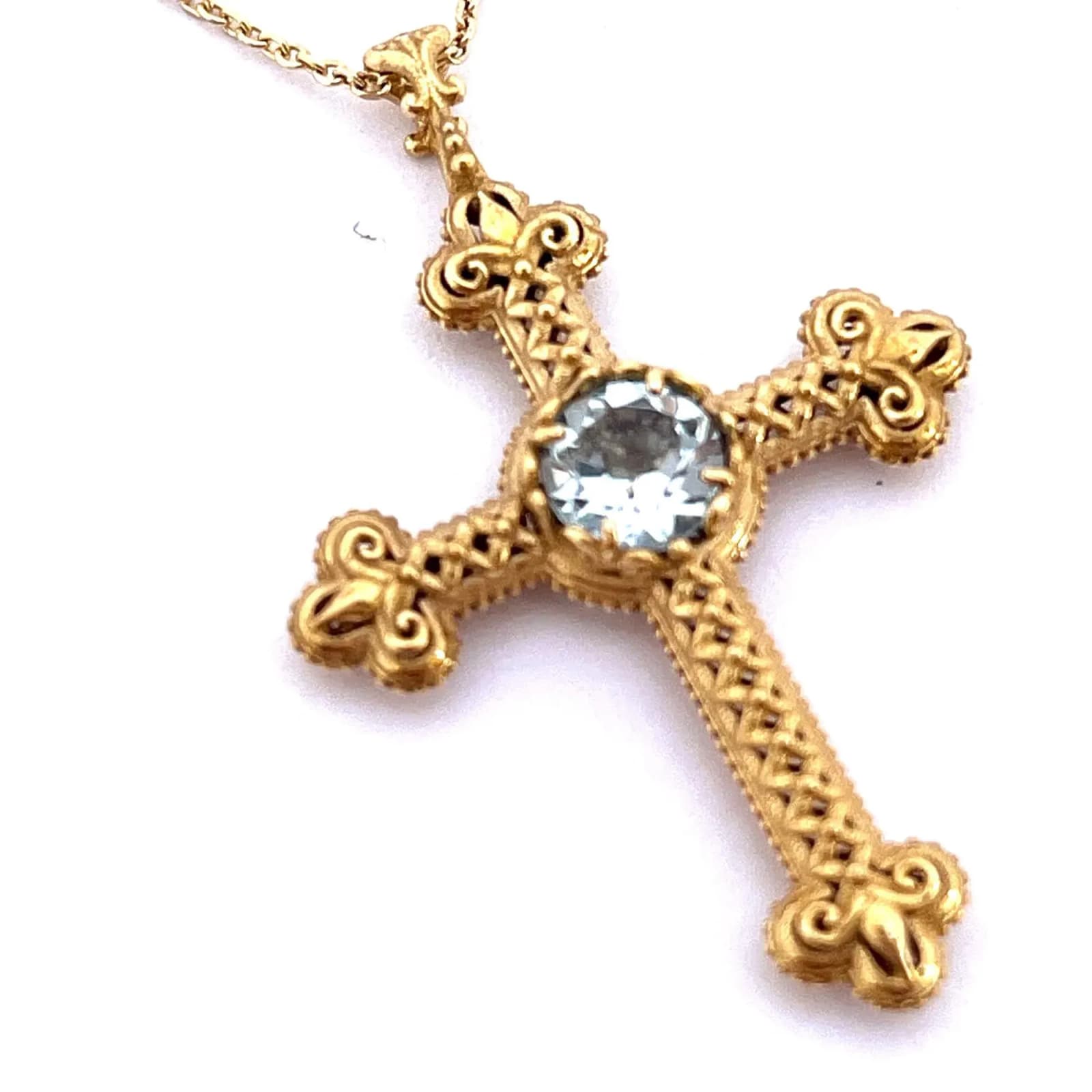 Natural Brilliant Cut Sky Blue Topaz Byzantine Filigree Cross Pendant 18K Gold Filled Silver — Necklaces from Rafael Santarosa Fine Jewelry