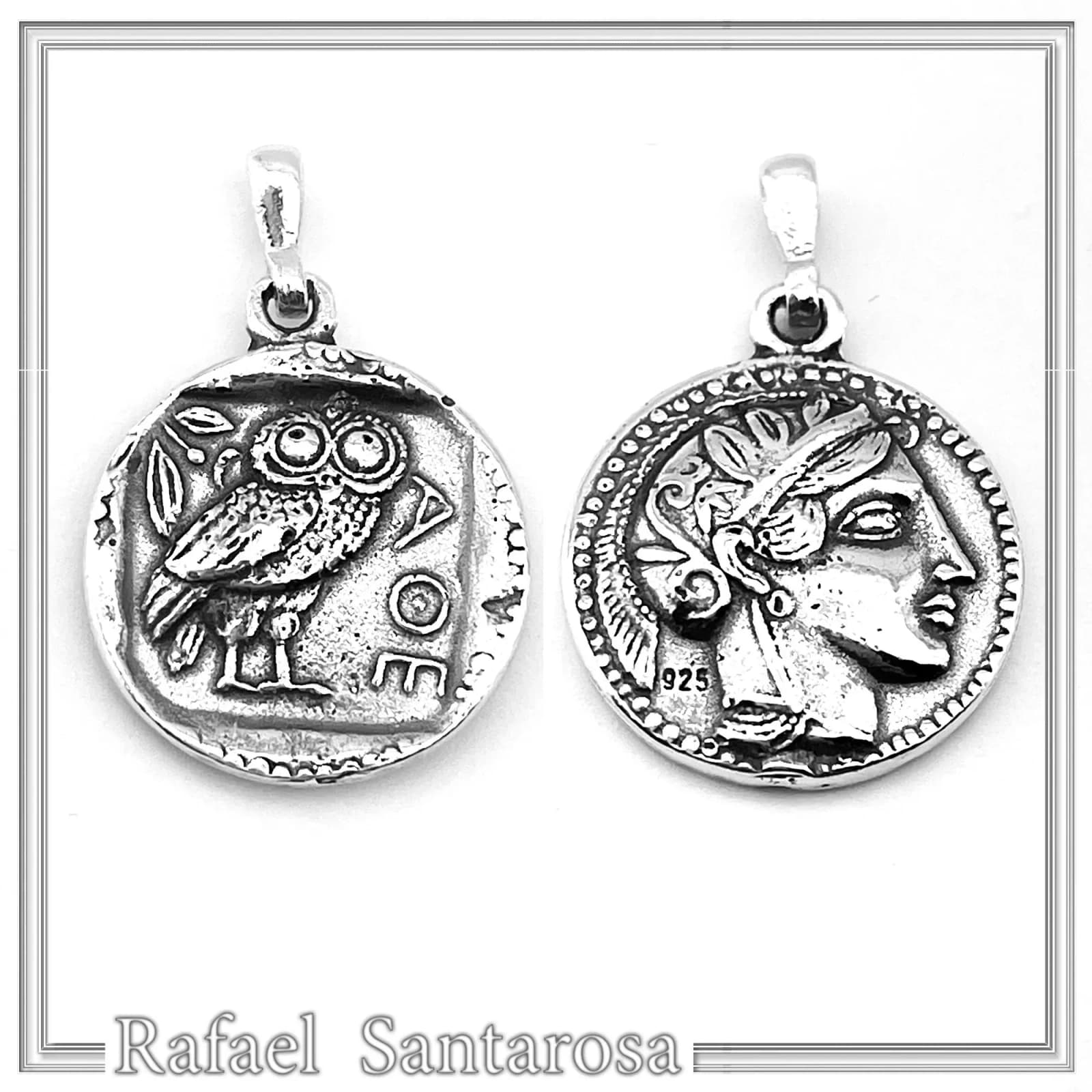 Ancient Greek Tetradrachm Owl Coin Pendant: Athena Wisdom Goddess Oxidized Sterling Silver Museum replica — Necklaces from Rafael Santarosa Fine Jewelry