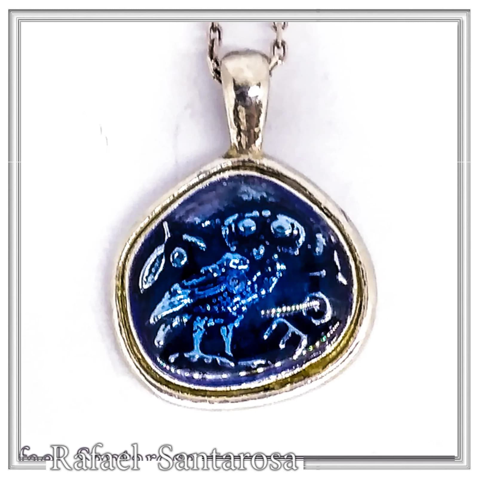 Athena's Owl Symbol of Wisdom Coin Pendant: Blue Enamel, Oxidized Sterling Silver — Necklaces from Rafael Santarosa Fine Jewelry