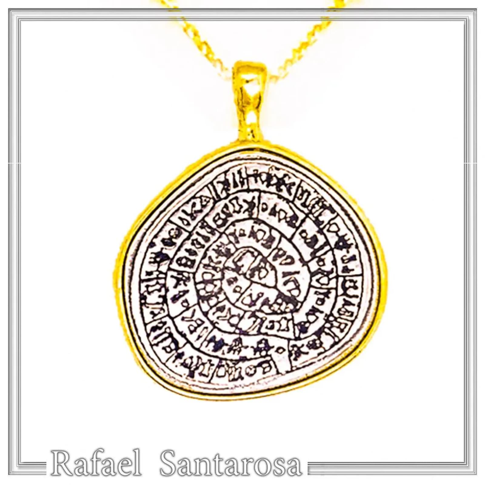Ancient Greek Calendar Charm Phaistos Disc Pendant: Oxidized Sterling Silver, 18k Gold-Filled, — Necklaces from Rafael Santarosa Fine Jewelry