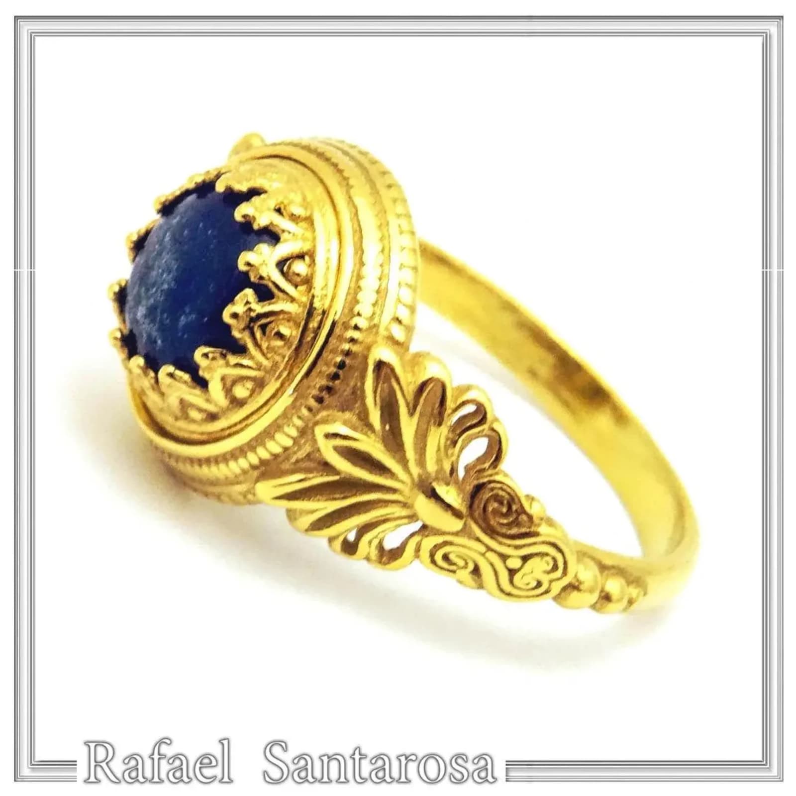 Natural Lapis Lazuli Greek Museum Ring: Handmade Filigree antefix 18K Gold-Filled Sterling Silver — Rings from Rafael Santarosa Fine Jewelry