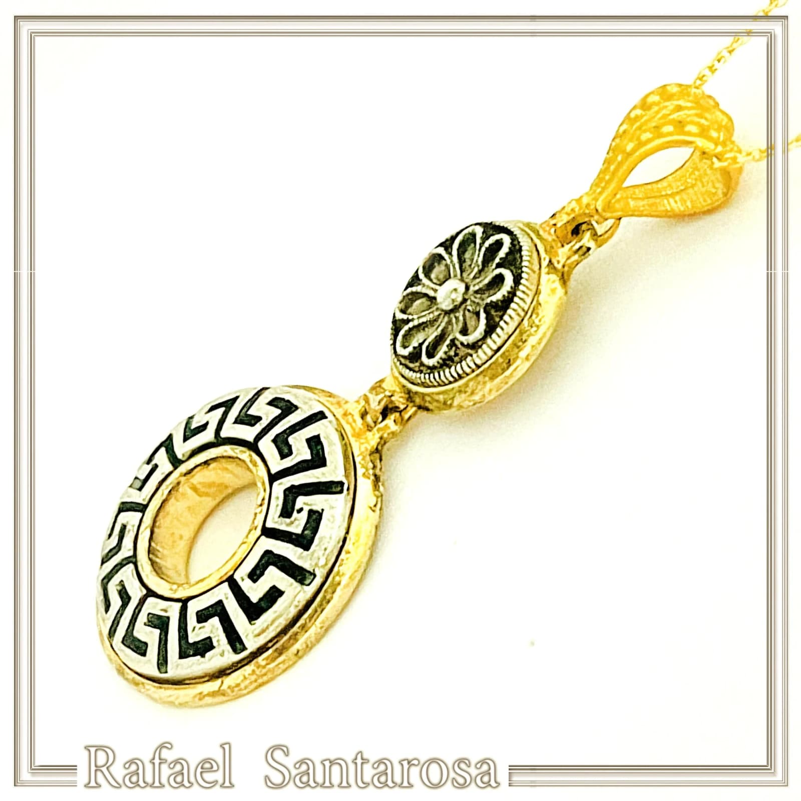 Greek Key & Greek Flower Dangle Necklace: Oxidized Sterling Silver Meander in 18K Gold-Filled Base — Necklaces from Rafael Santarosa Fine Jewelry
