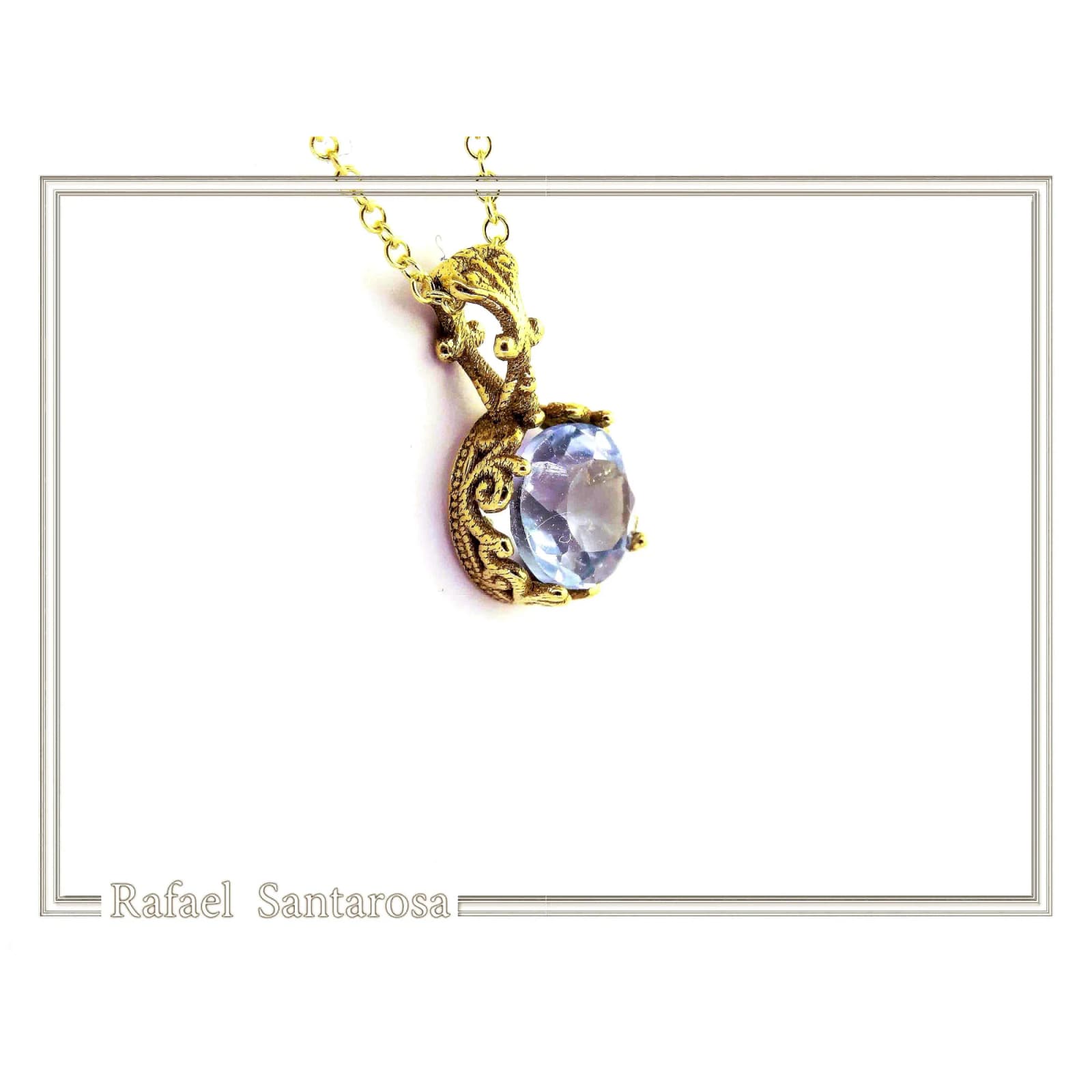 18K solid Gold Filigree delicate Byzantine Pendant: Sky Blue Topaz Filigree Charm — Necklaces from Rafael Santarosa Fine Jewelry