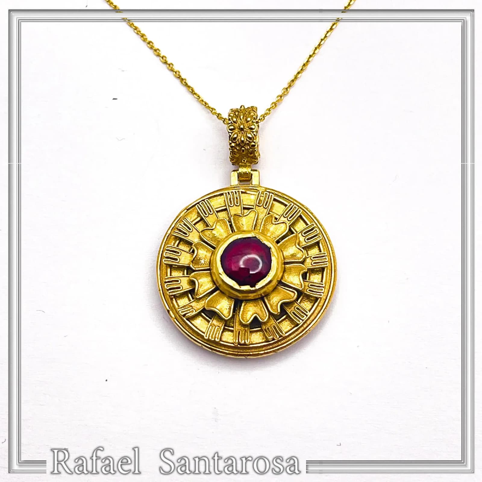 Ancient Greek Flower Museum Replica Pendant, Sterling Silver 18K Gold Filled Natural Garnet Necklace — Necklaces from Rafael Santarosa Fine Jewelry