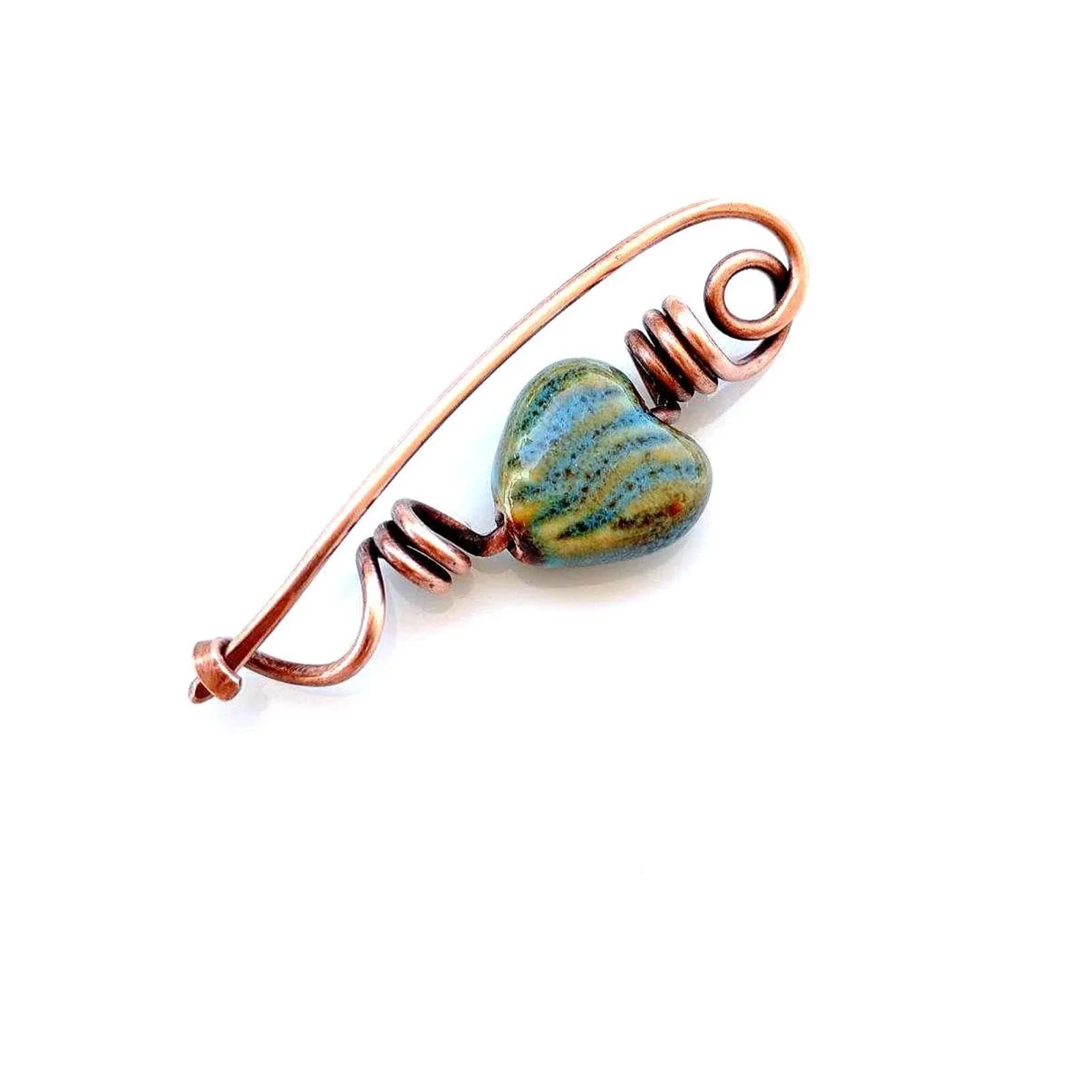 Copper Heart Brooch, Ceramic Cardigan Clip, Handmade Sweater Pin, Scarf Fastener, Rustic Jewelry