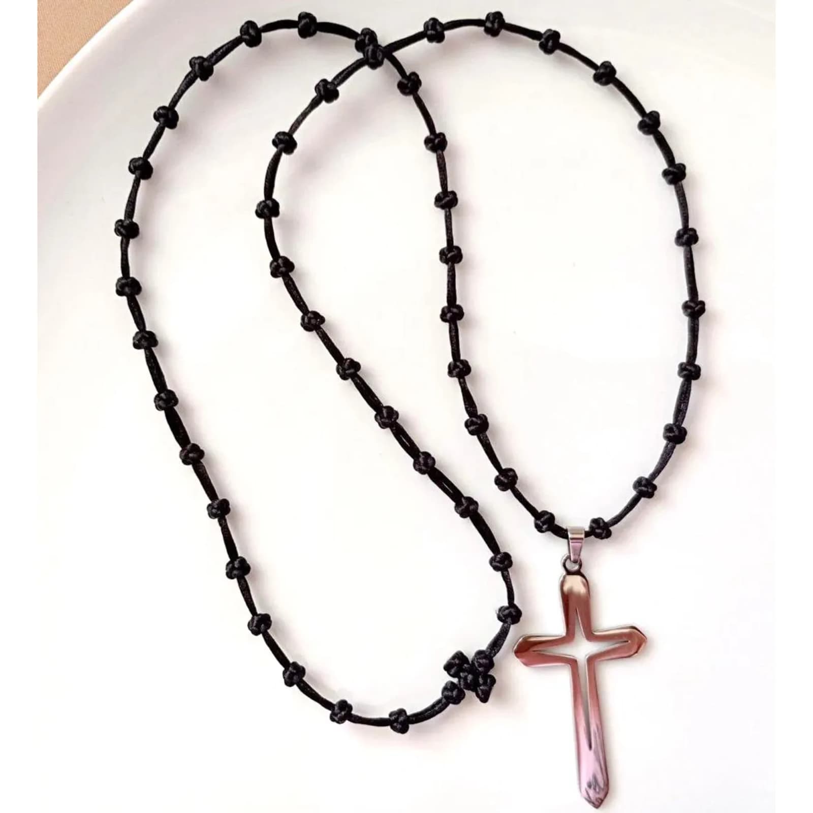 Black Orthodox Prayer Rope, 50 Knot Cross Necklace, Christian Prayer Necklace, Greek Orthodox Komboskini, Stainless Steel Cross, Unisex Gift