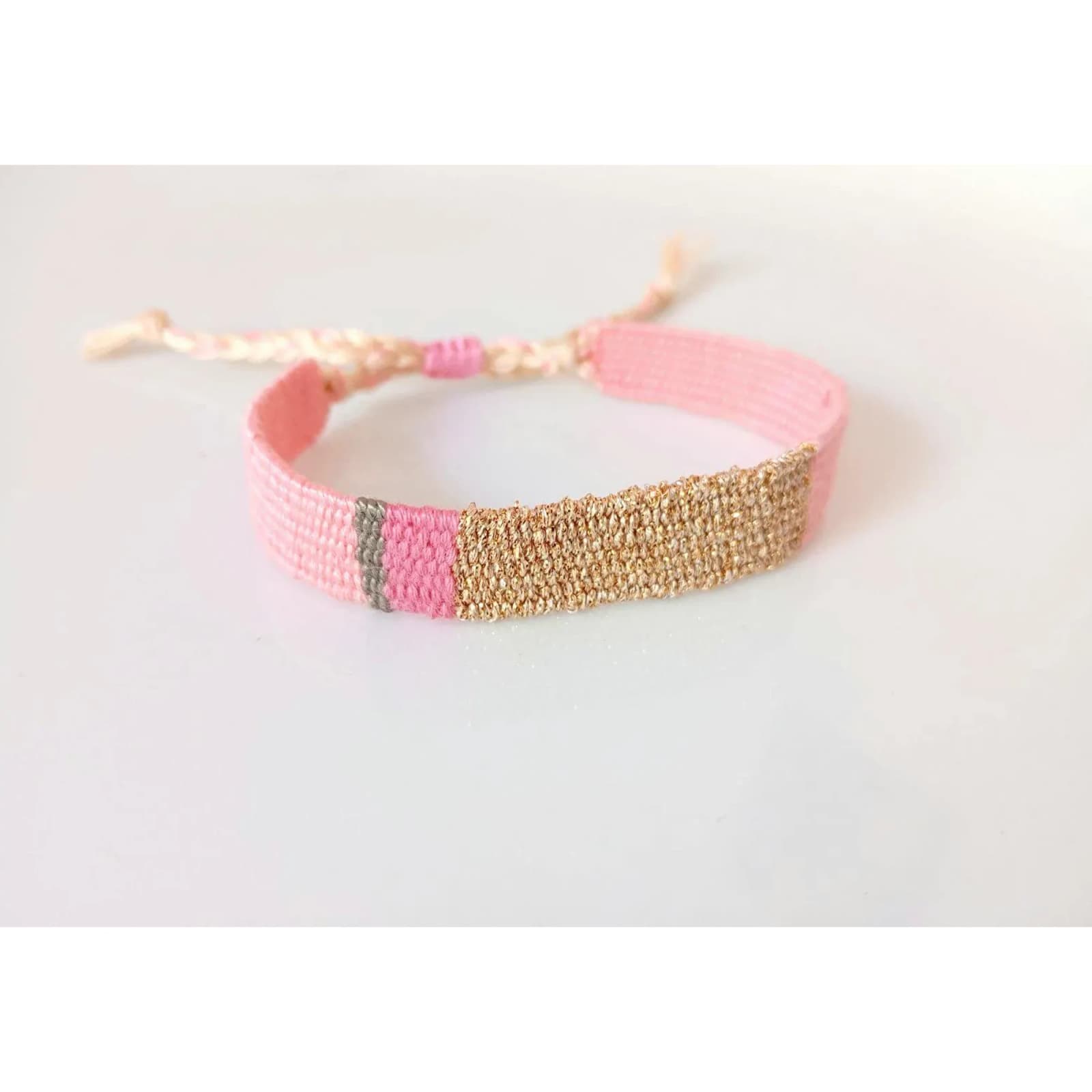 Handwoven Pink Gold Bracelet: Weaving Boho Textile Jewelry