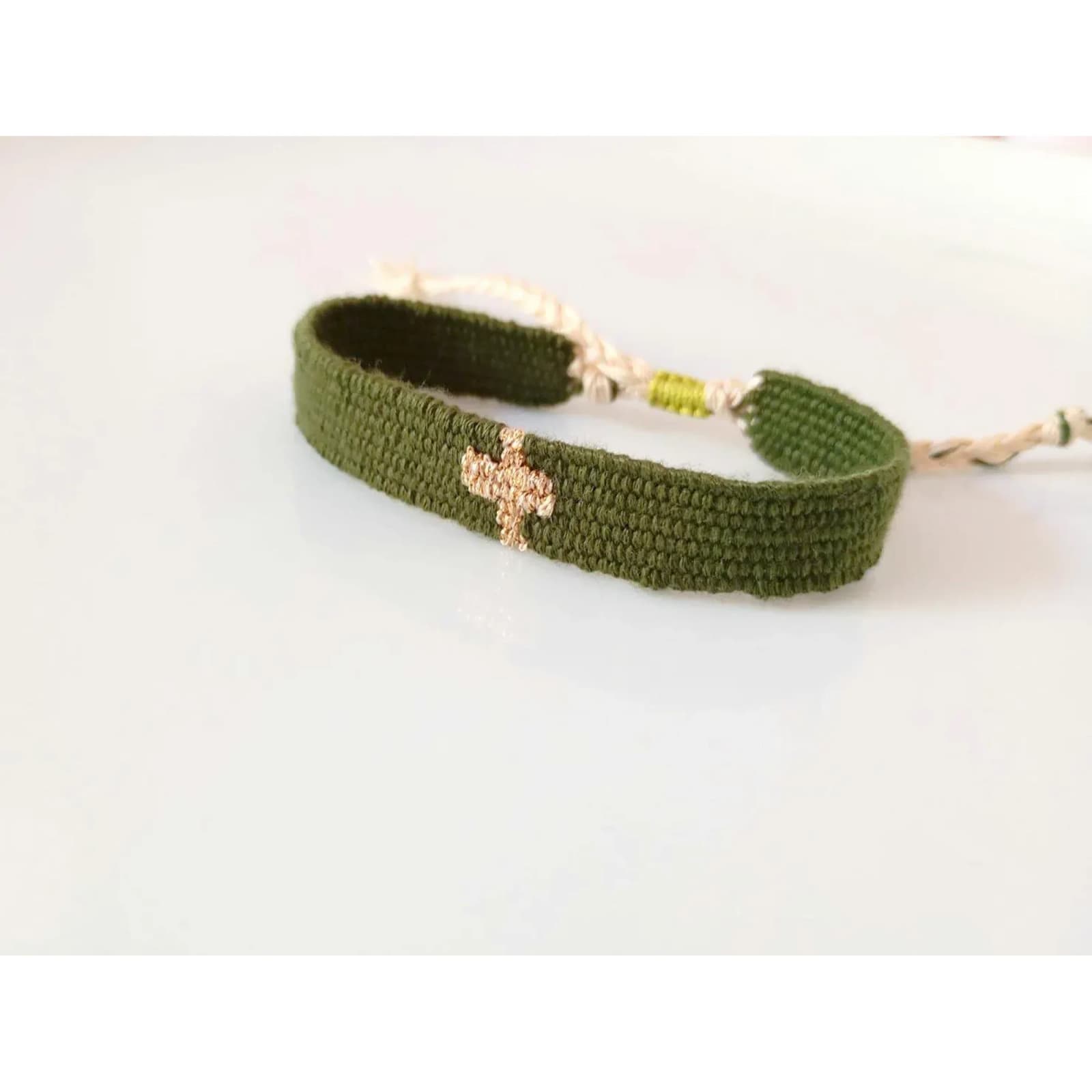 Olive Green Cross Bracelet, Handwoven Textile Jewelry, Gold & Green Woven Bracelet, Christian Bracelet, Boho Fiber Art, Handmade in Greece