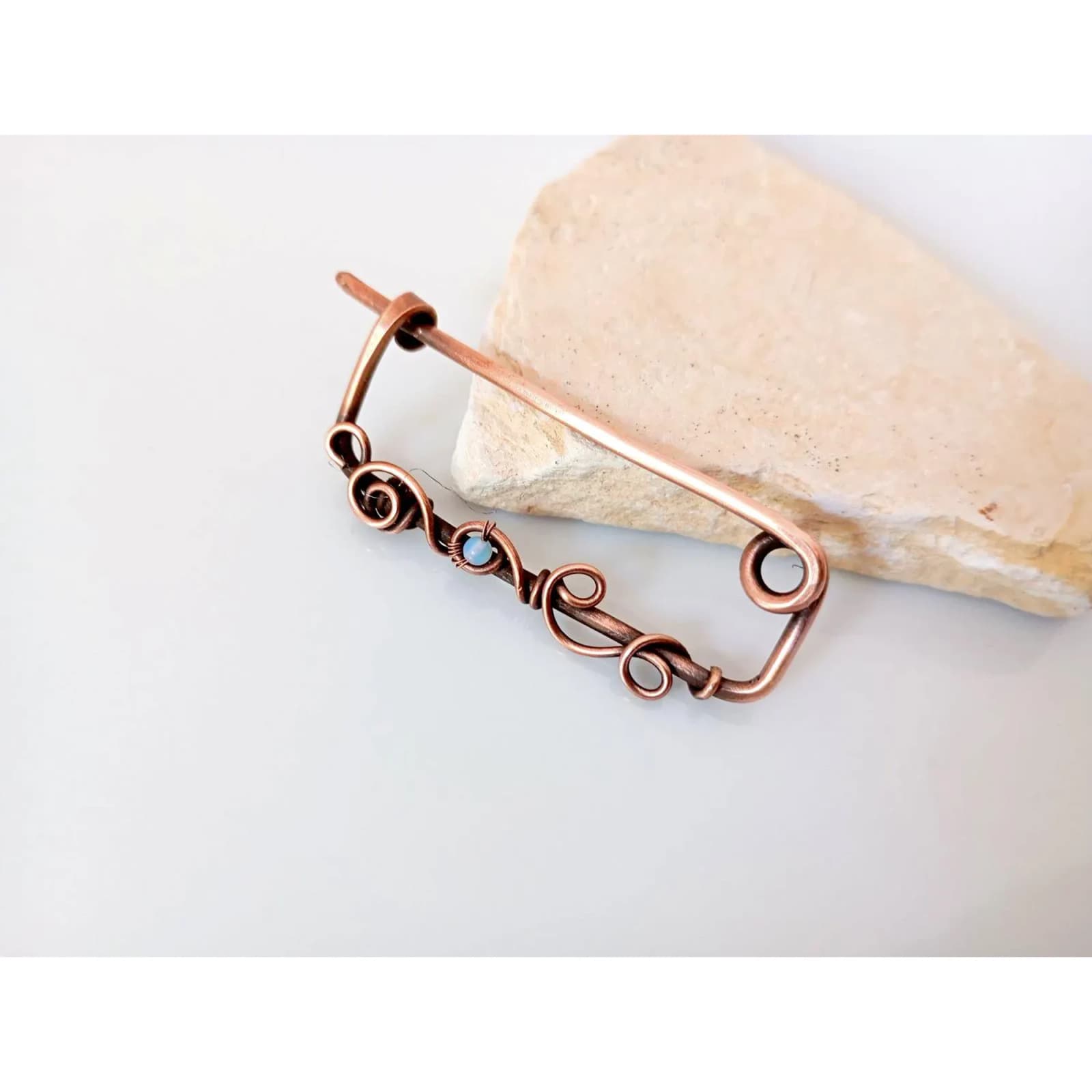 Copper Cardigan Clip with Opalite, Handmade Sweater Pin, Antique Copper Brooch, Shawl Fastener, Scarf Pin, Rustic Clothing Accessory