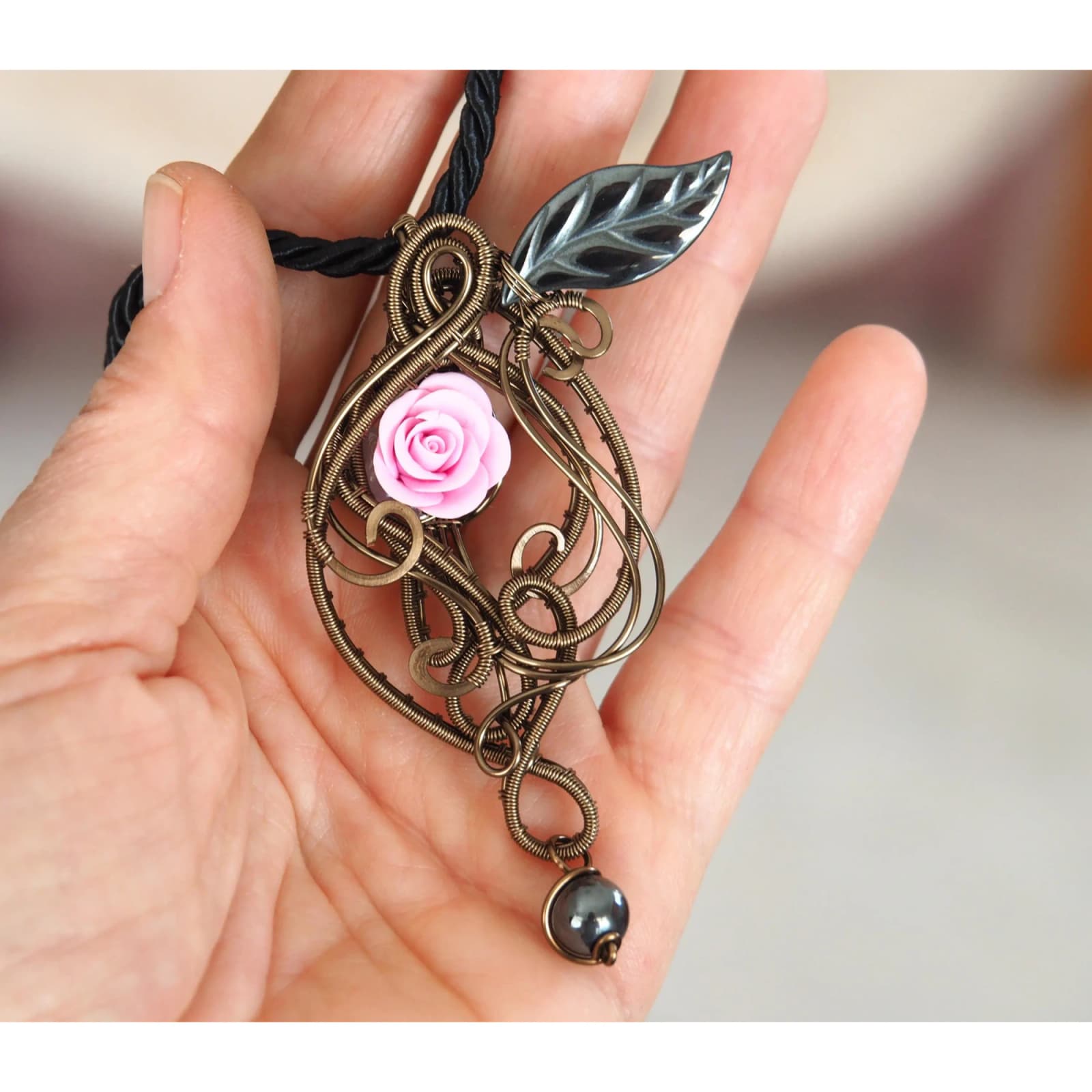Pink Rose Wire Wrapped Pendant, Hematite Necklace, Handmade Floral Jewelry, Romantic Boho Necklace, Bronze Pendant, Botanical Gift for Her