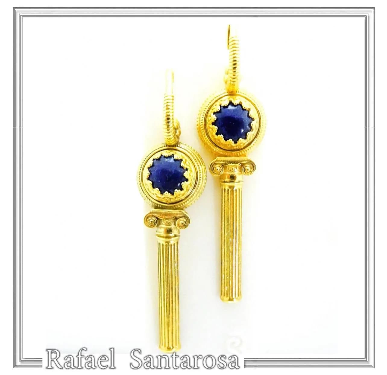 Natural Lapis Lazuli Greek Column Museum Earrings: Sterling Silver 18K Gold Filled Filigree Bezel — Earrings from Rafael Santarosa Fine Jewelry