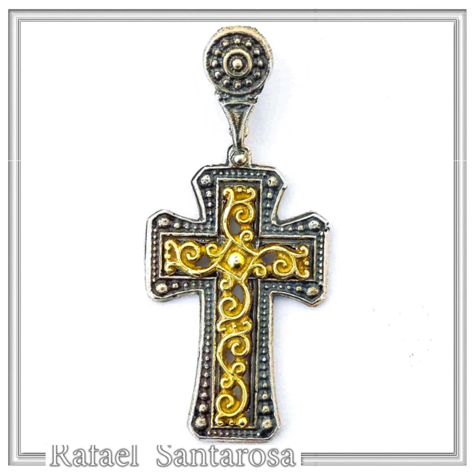 Byzantine Cross Necklace: 18k Gold Filled Filigree Silver Decoration on Oxidized Sterling Silver base — Necklaces from Rafael Santarosa Fine Jewelry
