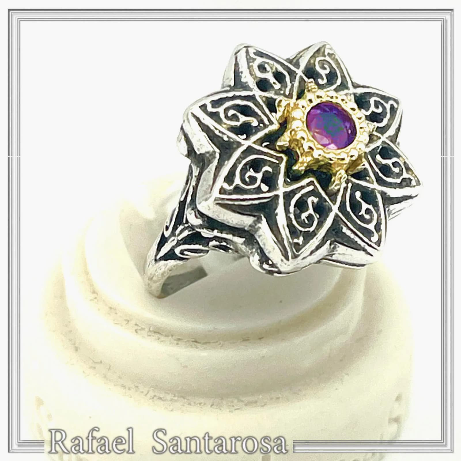 Natural African Amethyst Byzantine Ring: Oxidized Silver & 18k Gold Filled Filigree Bezel — Rings from Rafael Santarosa Fine Jewelry