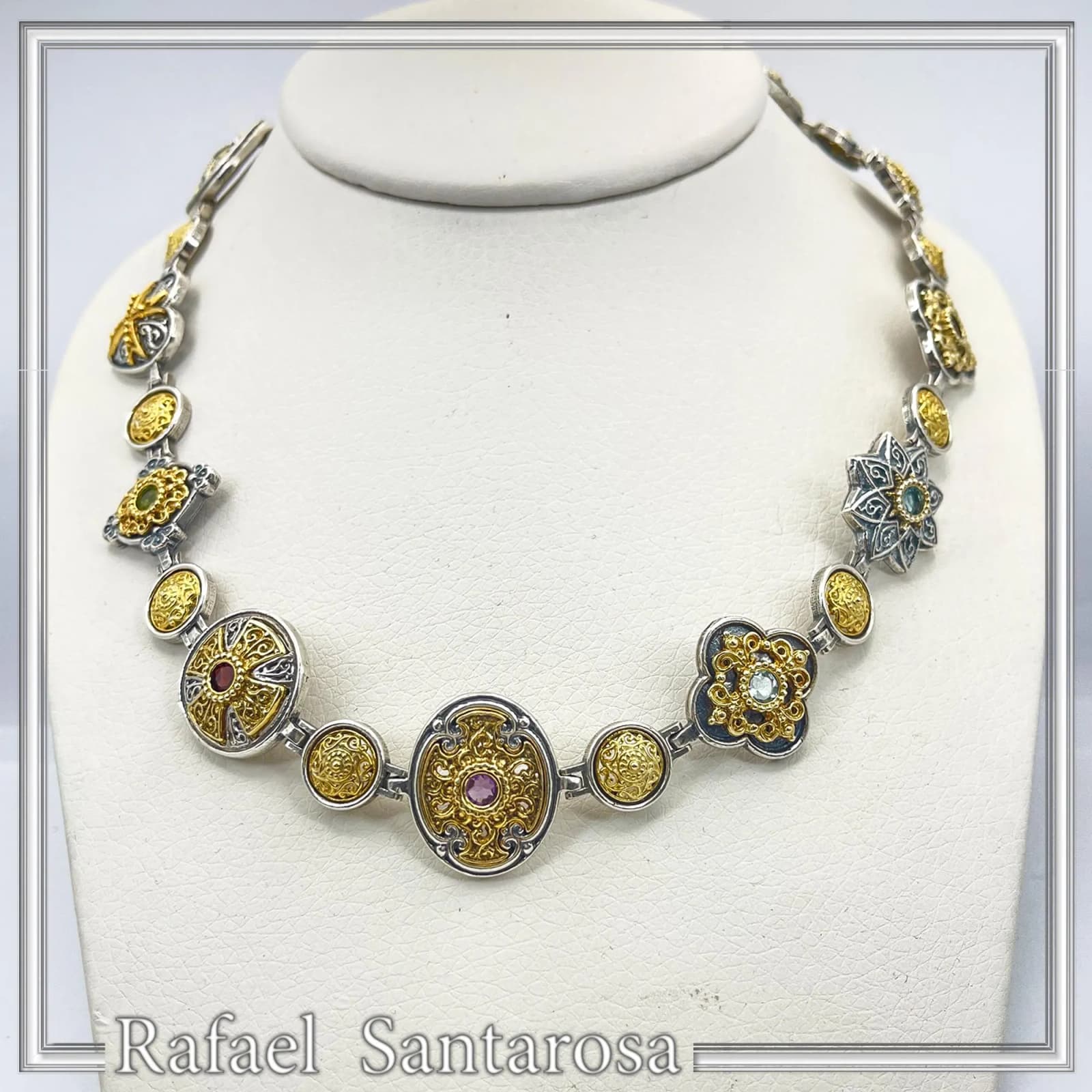 Handmade Byzantine Necklace Sterling Silver Oxidized 18K Gold Filled Topaz Amethyst Peridot Garnet Jewelry — Necklaces from Rafael Santarosa Fine Jewelry