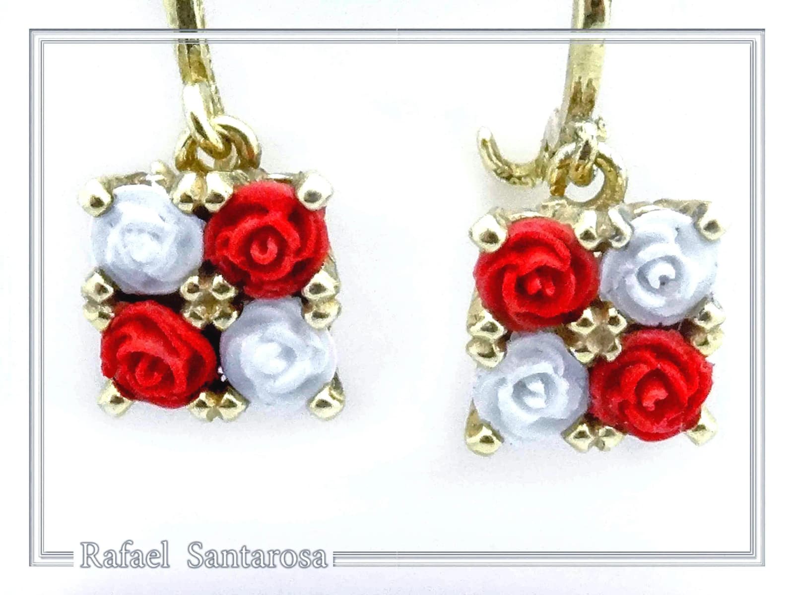 Red & White Roses Rose Flowers Shaped Alabaster Gems Drop Earrings: Sterling Silver 18K Gold-Filled — Earrings from Rafael Santarosa Fine Jewelry