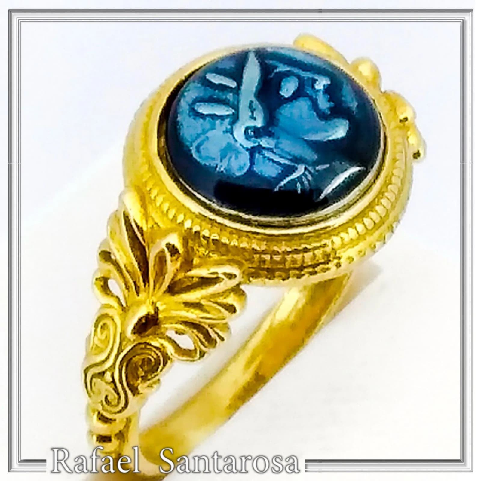 Athena Greek Goddess Head Coin Ring with Antefix Ornaments: Blue Enamel, 18K Gold-Filled Silver — Rings from Rafael Santarosa Fine Jewelry