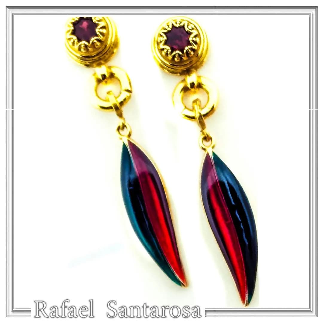 Olive Leaf Floral Dangle & Drop Earrings: Transparent Enamel, Natural Garnet, 18K Gold Filled Silver — Earrings from Rafael Santarosa Fine Jewelry