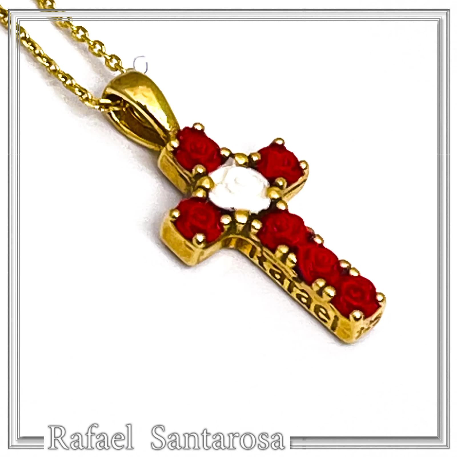Tiny Cross Necklace: Hand Sculpted Alabaster Rose Flowers 18K Gold Filled Sterling Silver Cross — Necklaces from Rafael Santarosa Fine Jewelry