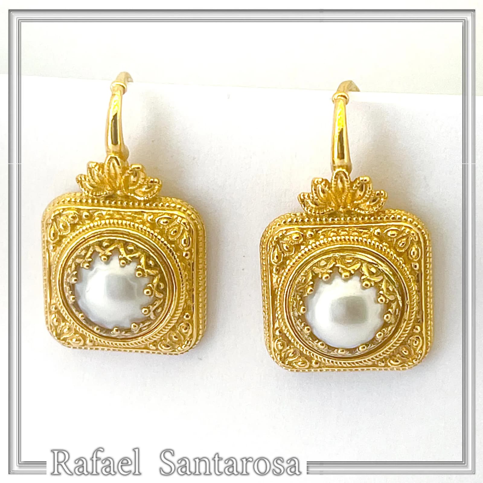 Ancient Greek Pearl Earrings: Sterling Silver 18K Gold-Filled Filigree Byzantine way Decoration — Earrings from Rafael Santarosa Fine Jewelry