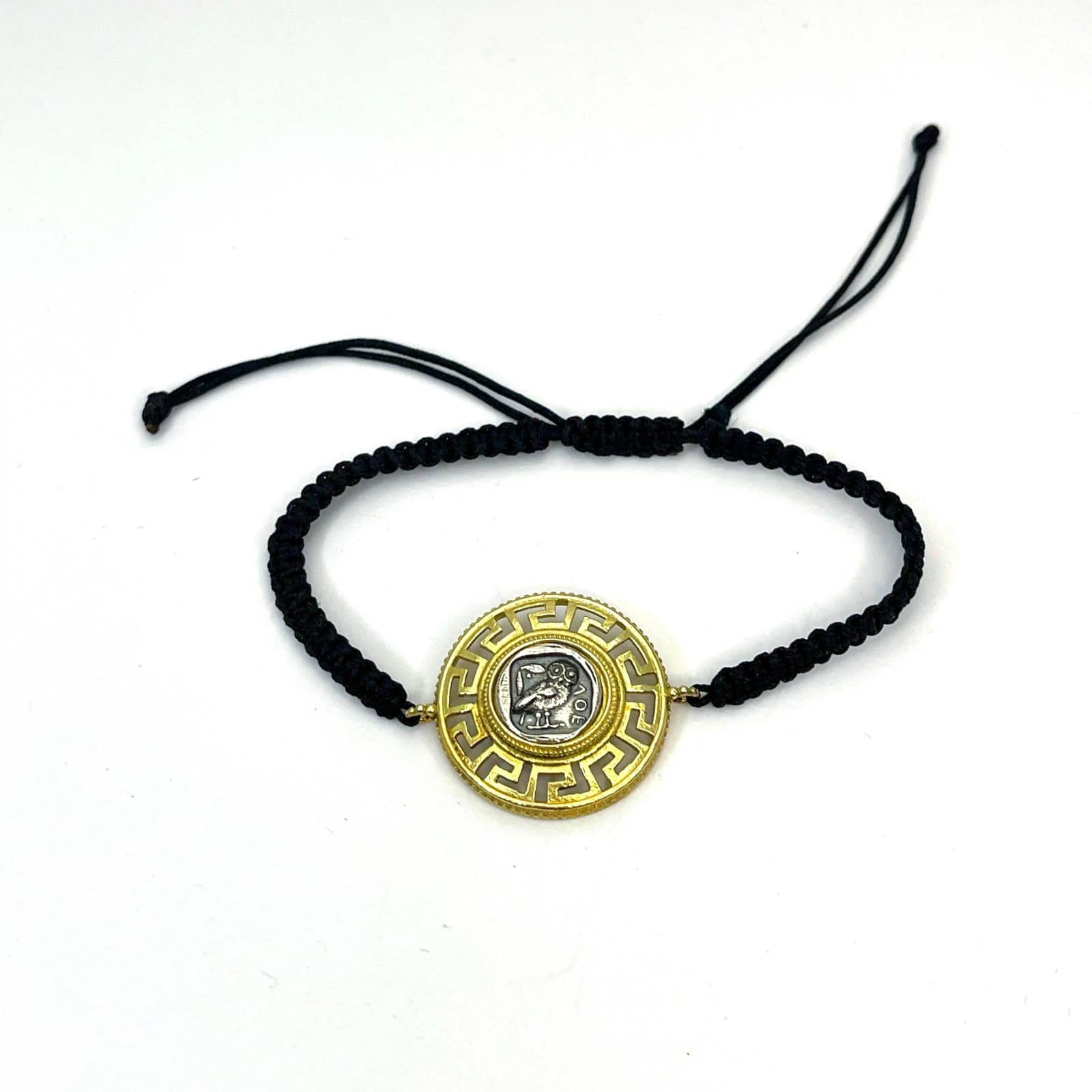 Owl Coin Tetradrachm with Greek Key Macrame Bracelet, 18K Gold Filled & Oxidized Sterling Silver — Bracelets from Rafael Santarosa Fine Jewelry