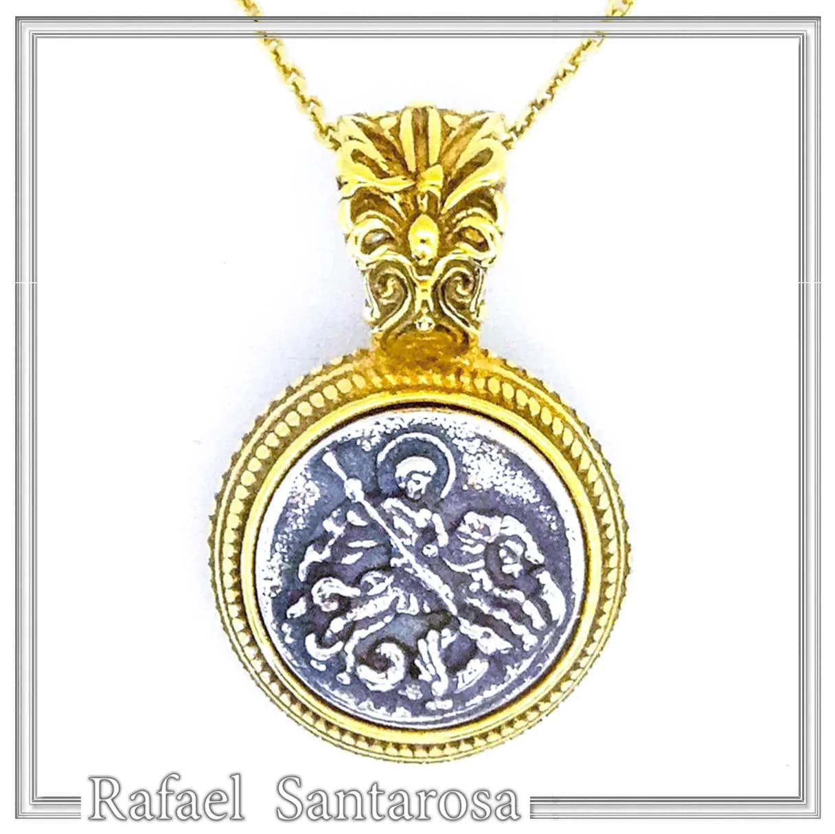 St. George Killing Dragon Jesus Christ Talisman Pendant: Oxidized and 18K Gold Filled Silver — Necklaces from Rafael Santarosa Fine Jewelry
