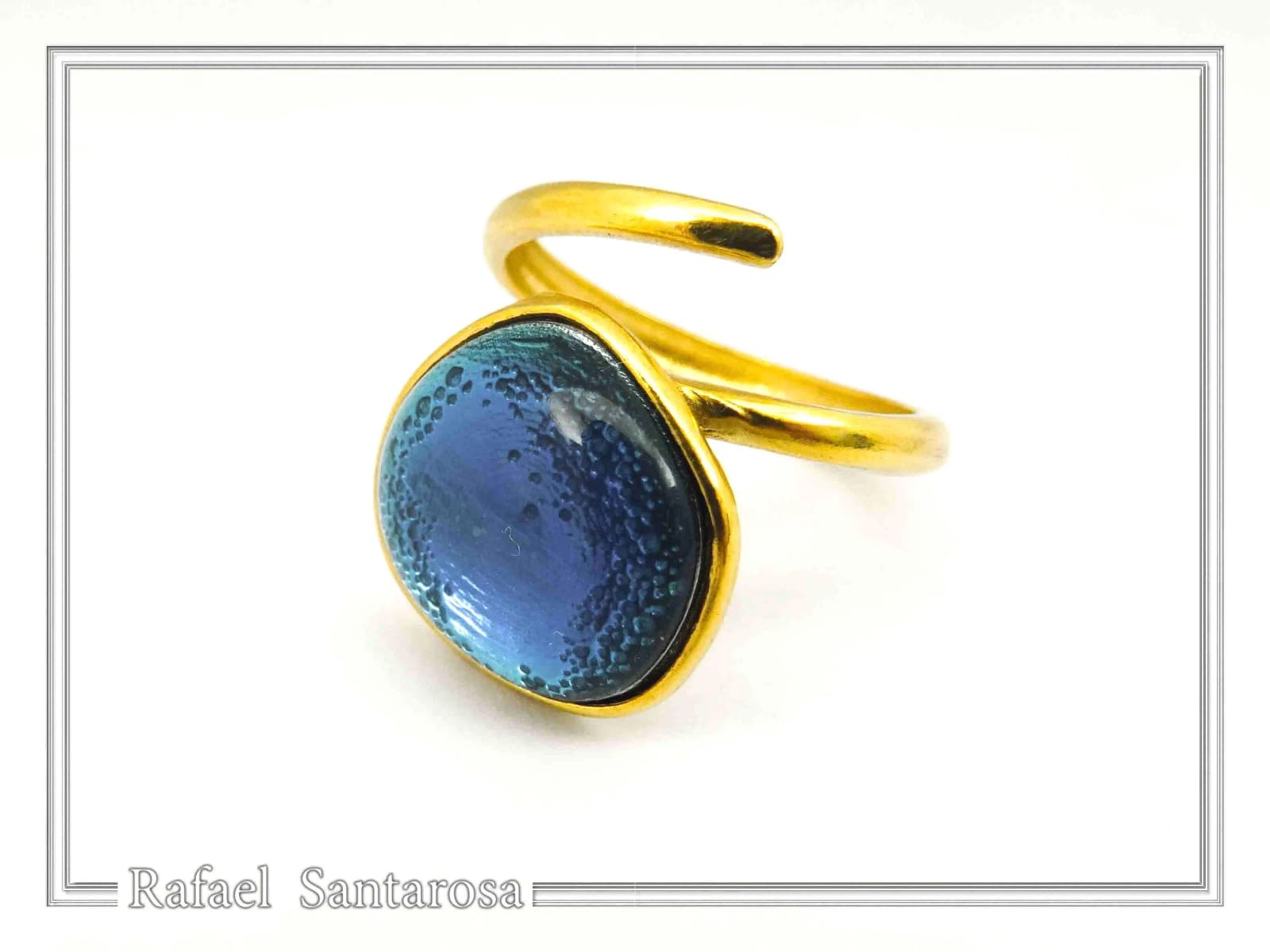 Sea Blue Transparent Enamel Adjustable Ring: Sea Rock Design Sterling Silver 18K Gold Filled — Rings from Rafael Santarosa Fine Jewelry