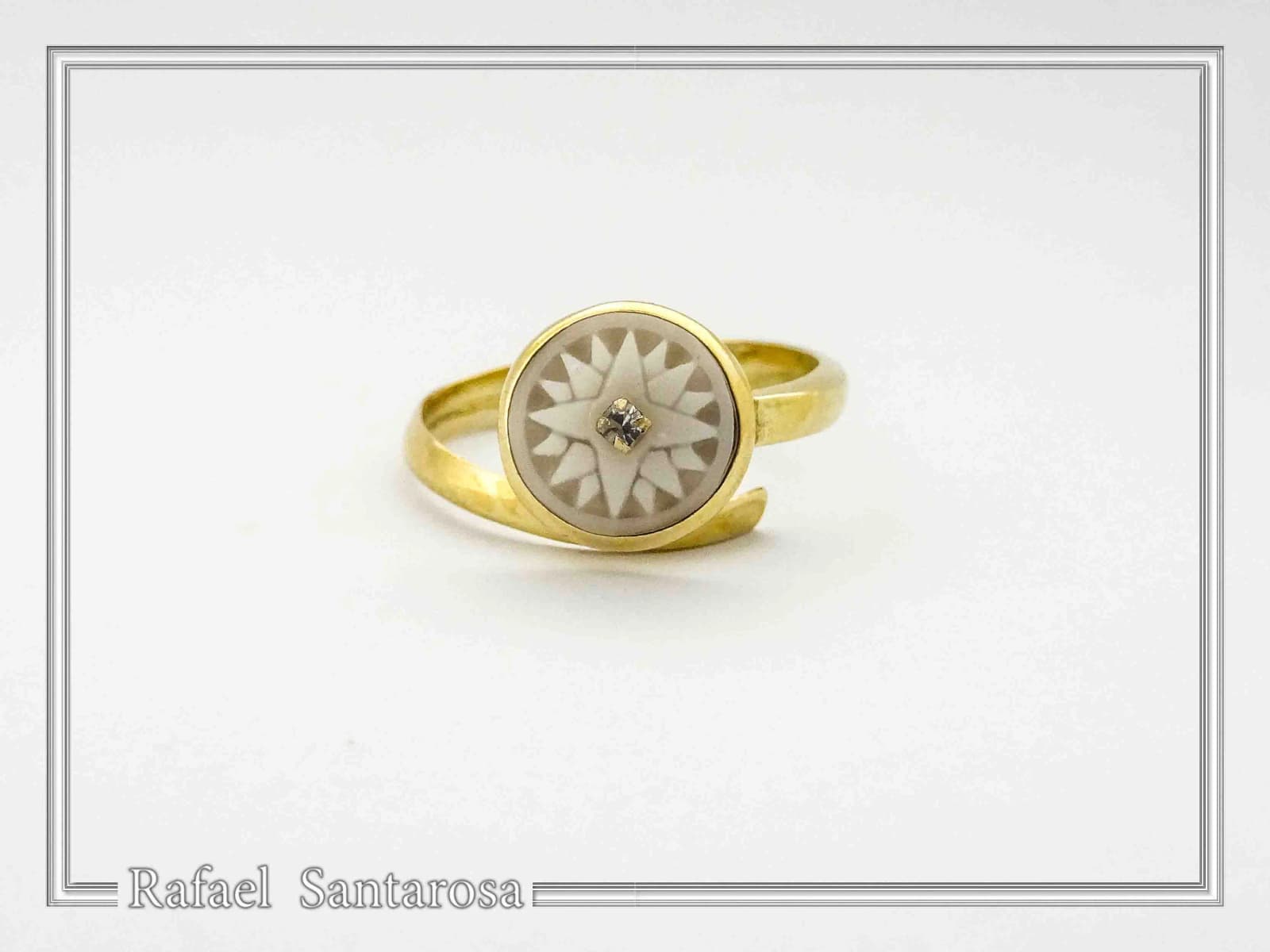 Greek Macedonian Sun Adjustable Statement Ring: Sculptured Marble, Zircon, 18K Gold-Filled Sterling Silver — Rings from Rafael Santarosa Fine Jewelry