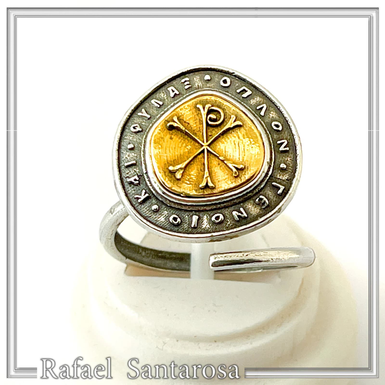 18K Gold Chi Rho Christogram on Oxidized Sterling Silver Adjustable Ring, Byzantine Prayer Talisman — Rings from Rafael Santarosa Fine Jewelry