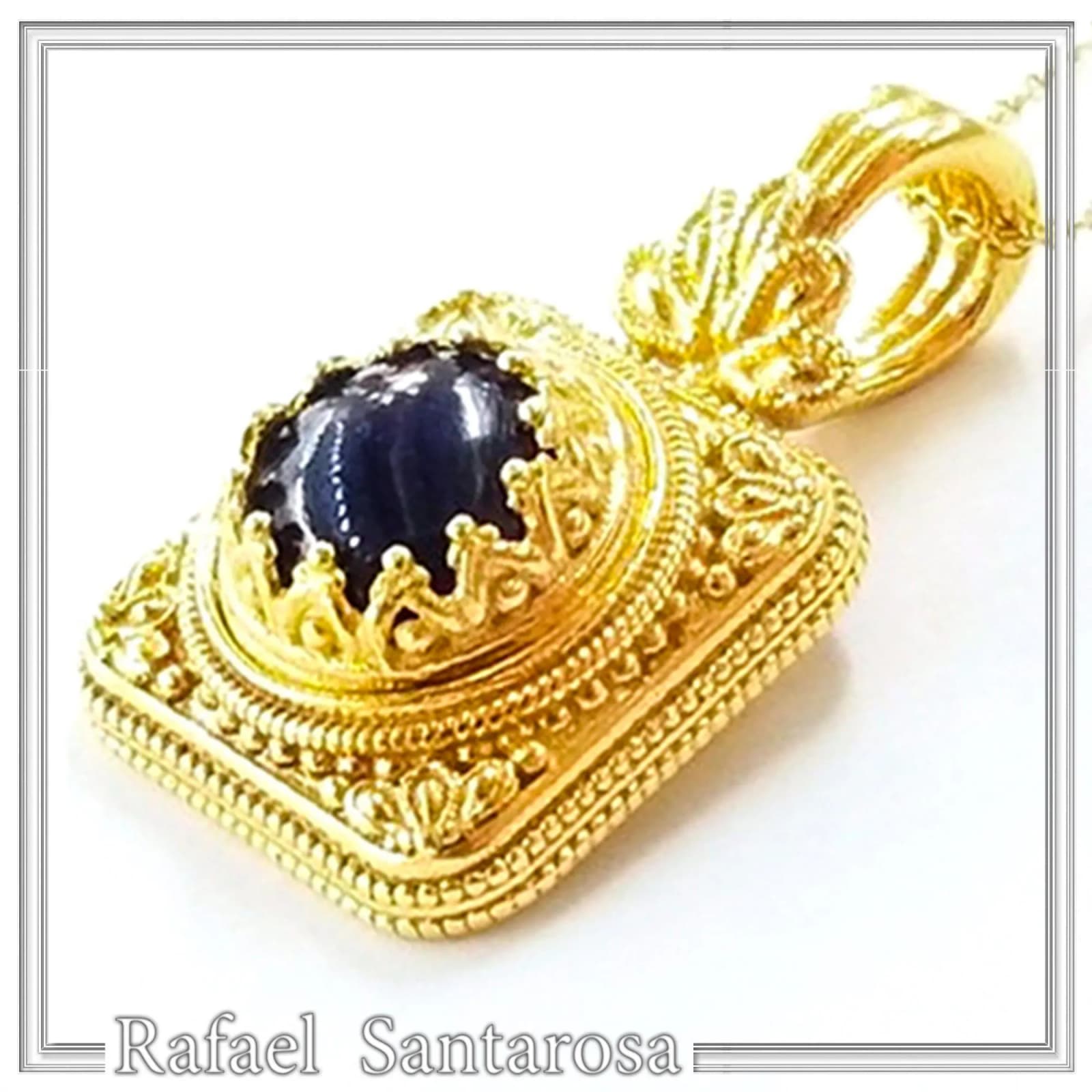 Solid Gold 18k Natural Lapis Lazuli Pendant: Byzantine Style Filigree and Granulation Handmade Jewelry — Necklaces from Rafael Santarosa Fine Jewelry