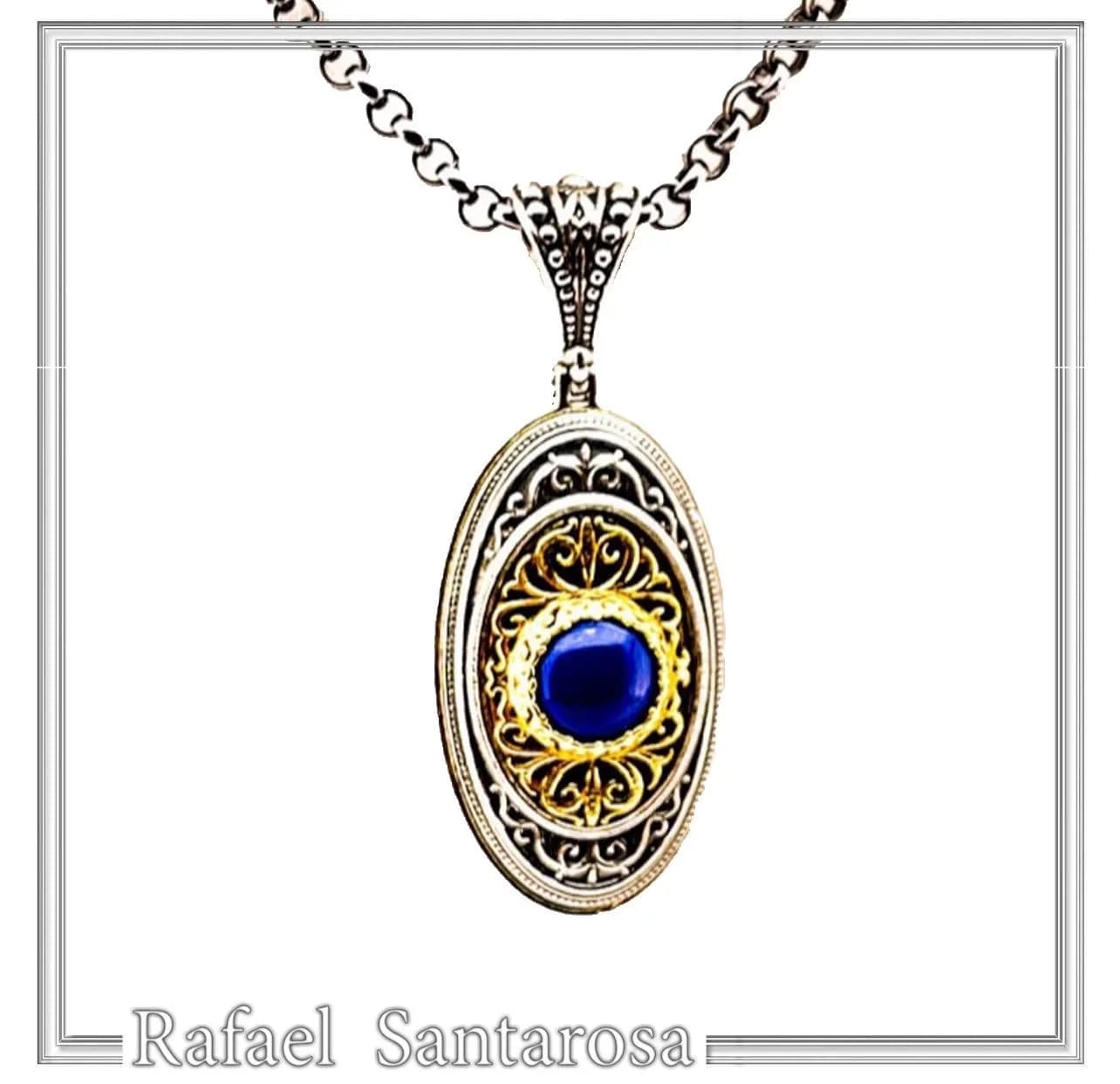 Genuine Lapis Lazuli Byzantine Way Crafted Pendant: Oxidised & Gold-Filled Sterling Silver — Necklaces from Rafael Santarosa Fine Jewelry
