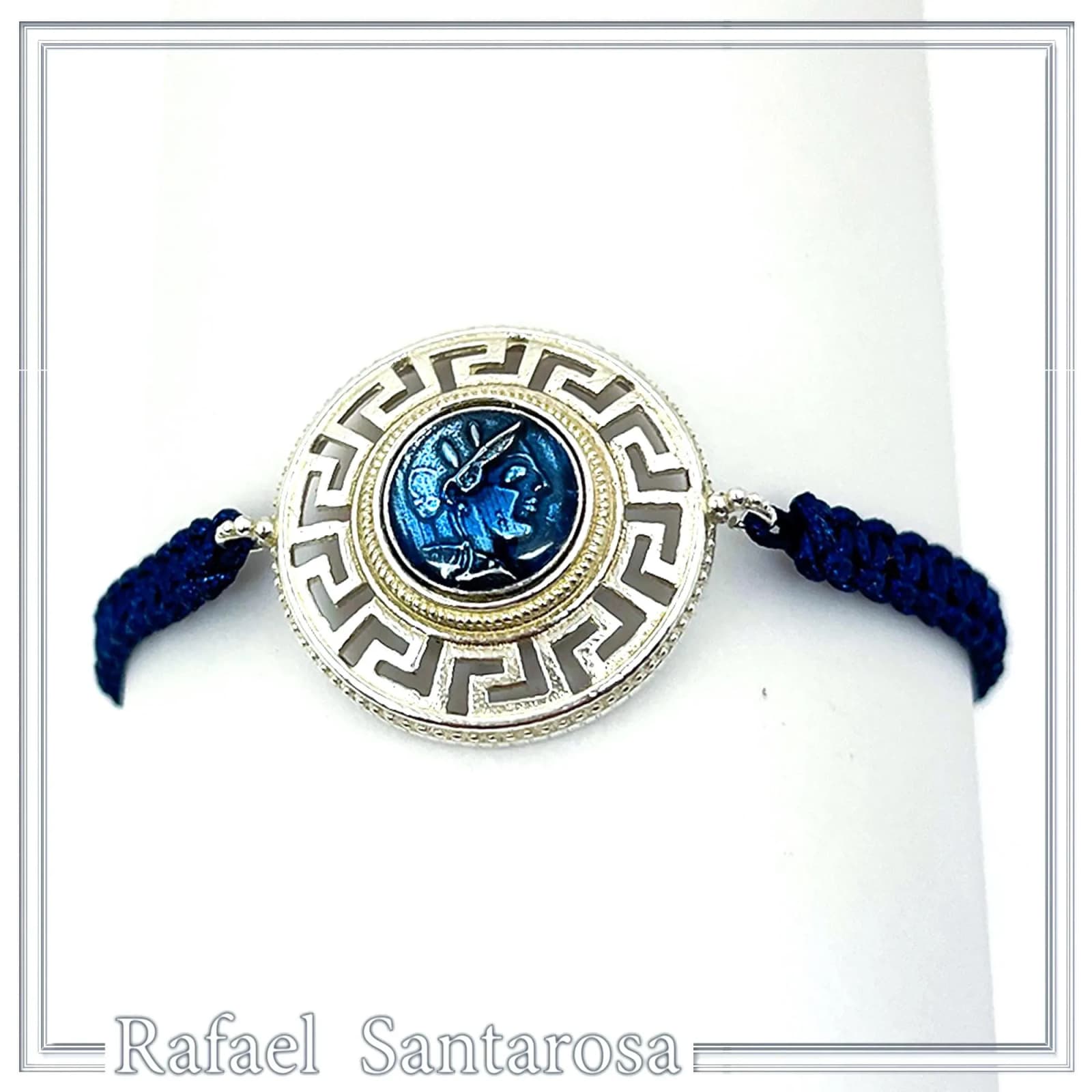 Sterling Silver Athena Promachos Bracelet Greek Key Tetradrachm Sky Blue Enamel Macrame Cord Viscose — Bracelets from Rafael Santarosa Fine Jewelry