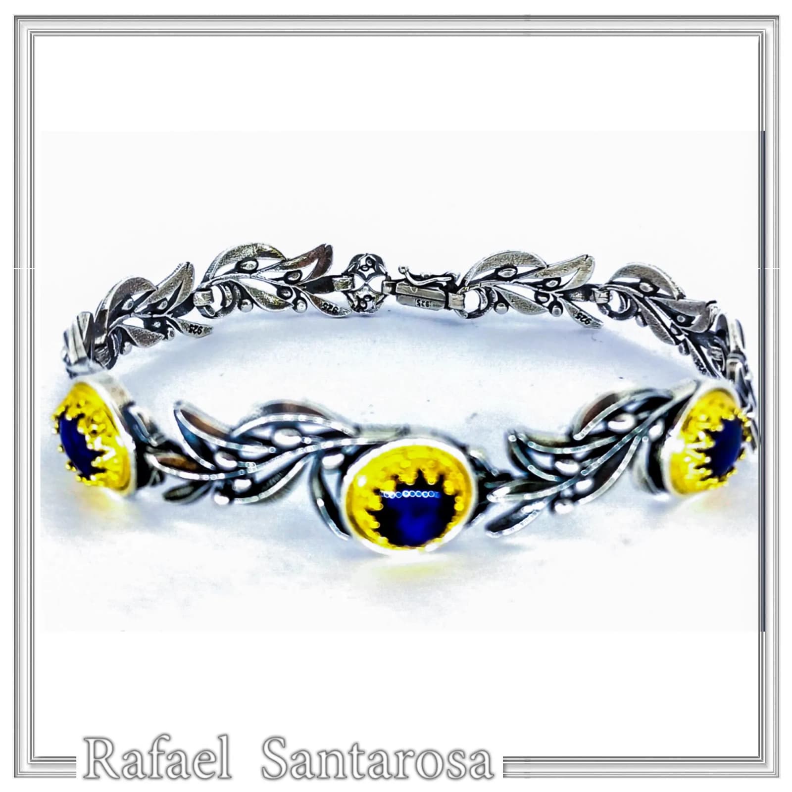Natural Lapis Lazuli Olive Leaf Floral Beaded Bracelet: Oxidized and 18K Gold Filled Silver — Bracelets from Rafael Santarosa Fine Jewelry
