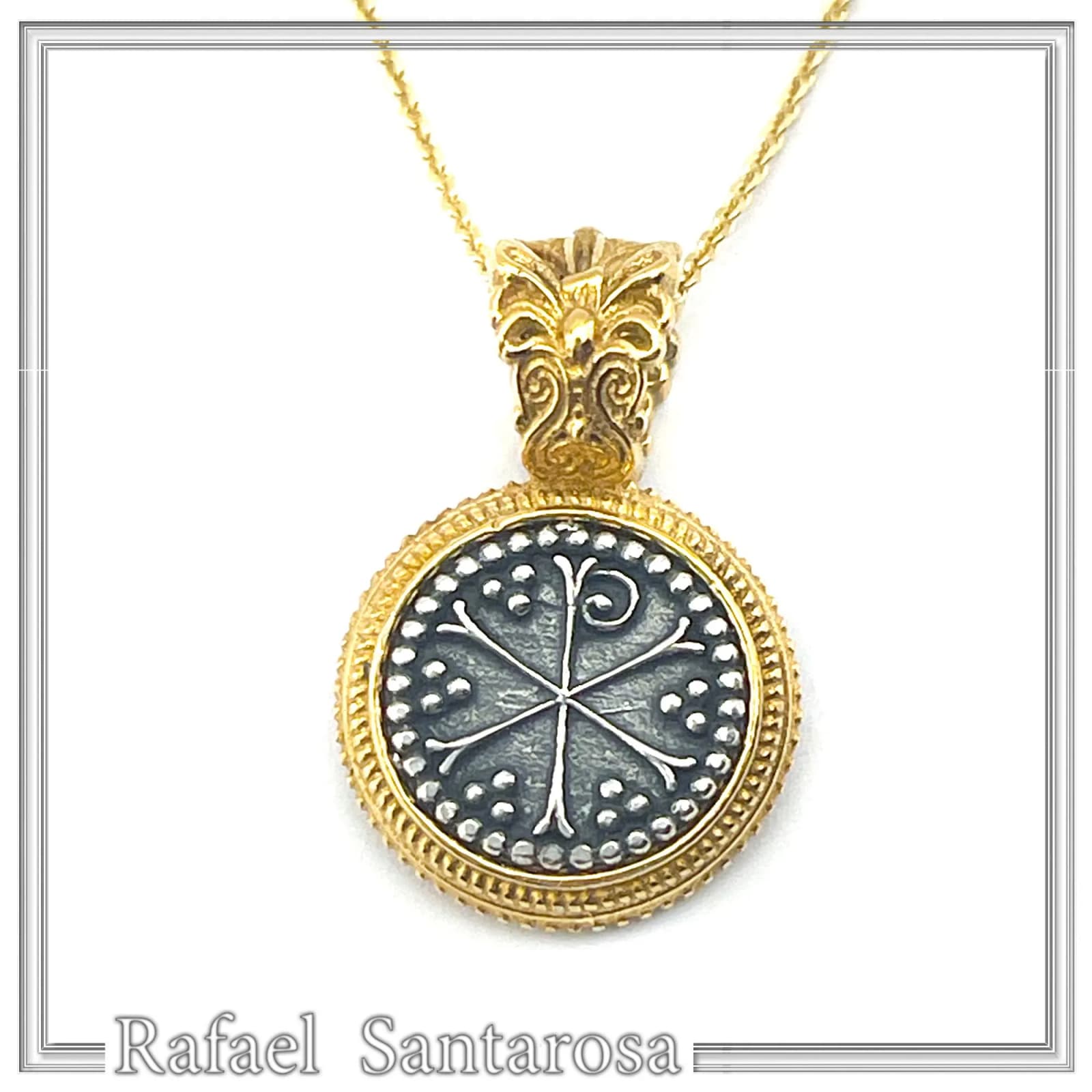 Chi Rho Christogram Jesus Symbol Necklace: Oxidized & Gold Filled Filigree Sterling Silver — Necklaces from Rafael Santarosa Fine Jewelry