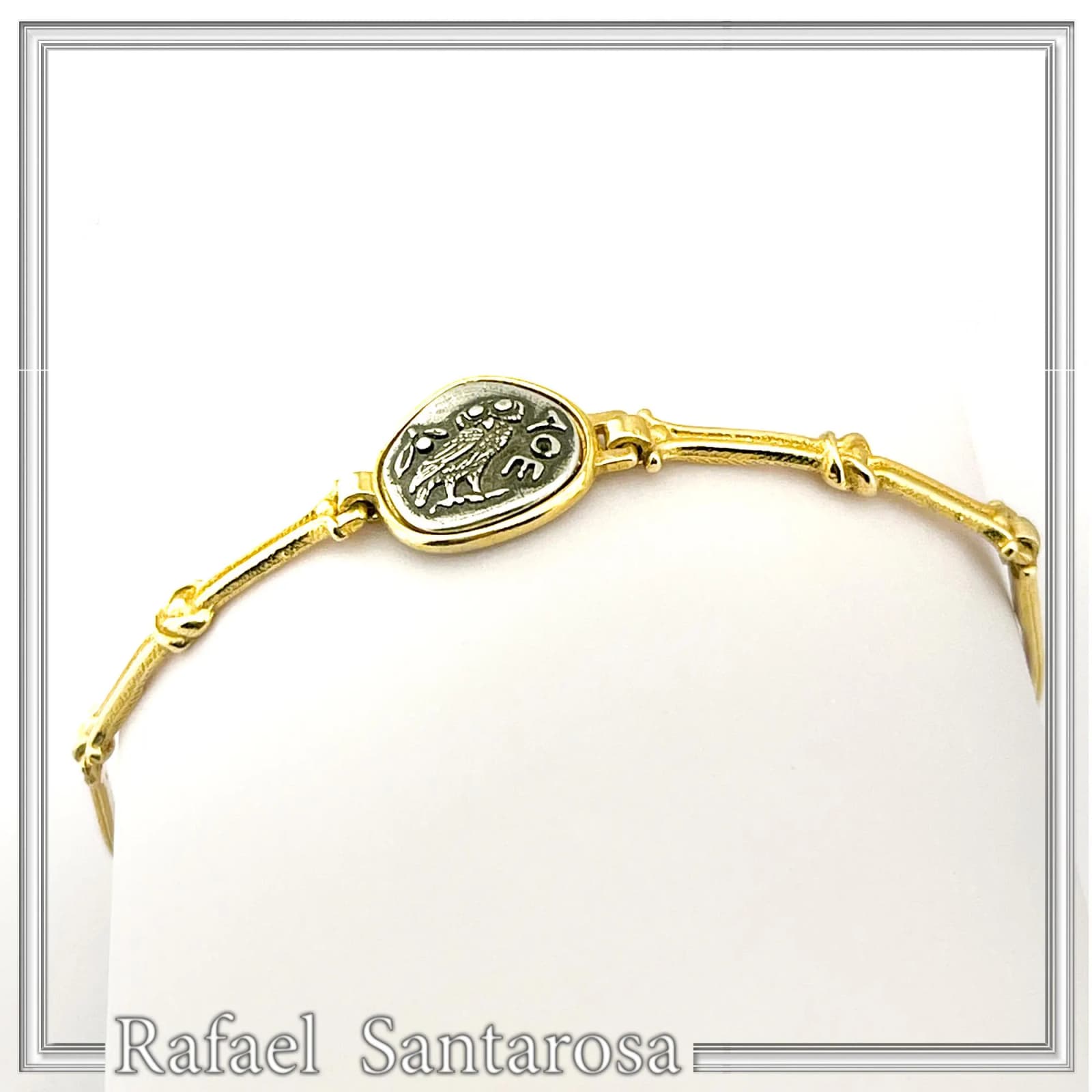 Athena Goddess Wisdom Owl Coin Bracelet: Oxidized & 18K Gold Filled Sterling Silver — Bracelets from Rafael Santarosa Fine Jewelry