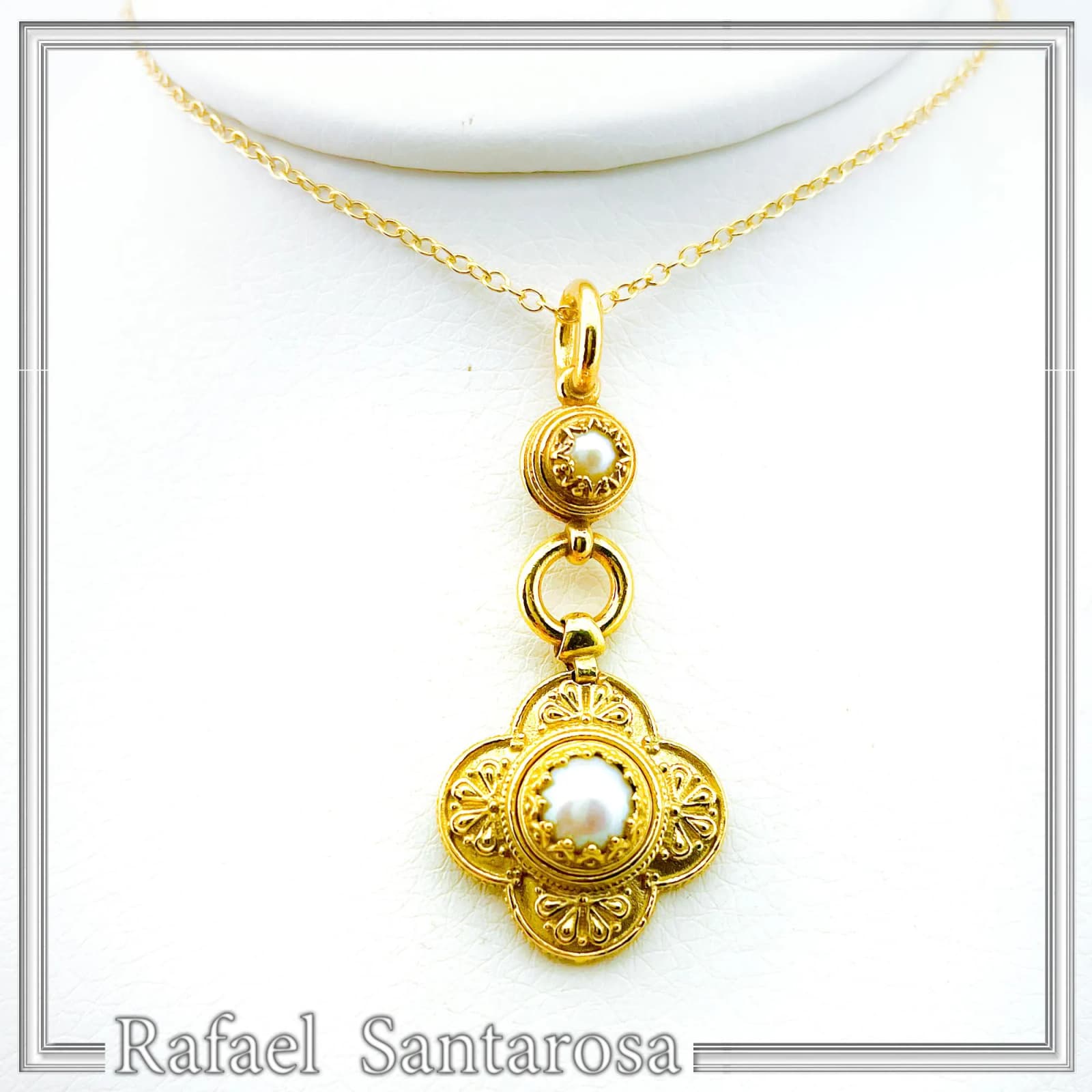 Natural Pearl Byzantine Cross Shape Dangle Pendant: 18K Gold-Filled Silver Filigree Greek Necklace — Necklaces from Rafael Santarosa Fine Jewelry