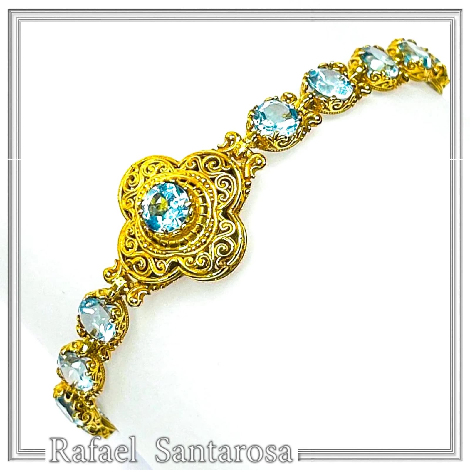 18K Gold Beaded Bracelet Handcrafted Byzantine Cross Filigree: Natural Genuine Sky-Blue Topaz Gemstones — Bracelets from Rafael Santarosa Fine Jewelry