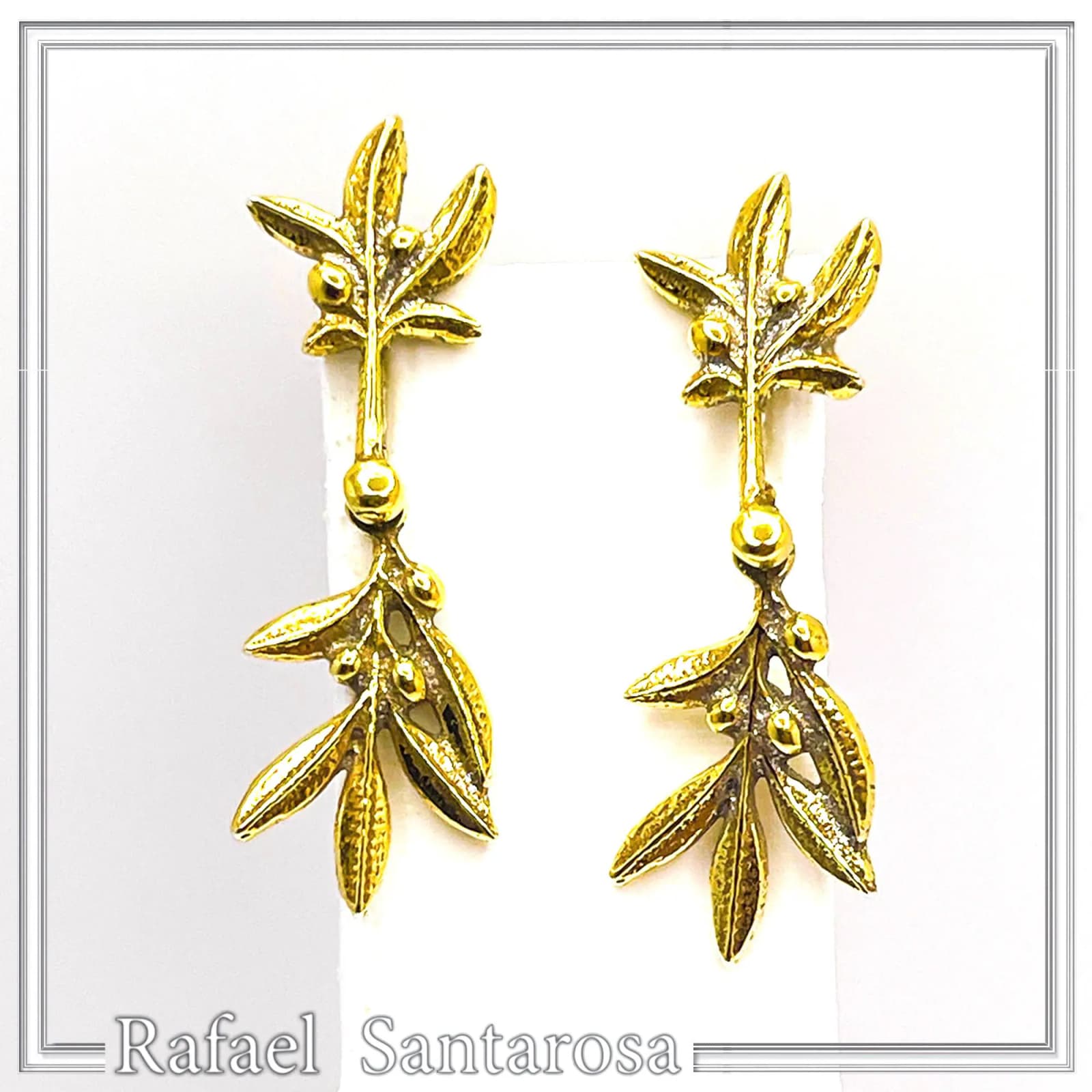 18K Solid Gold Olive Branch Dangle Earrings: Greek Nature Floral Jewelry Peace Symbol — Earrings from Rafael Santarosa Fine Jewelry