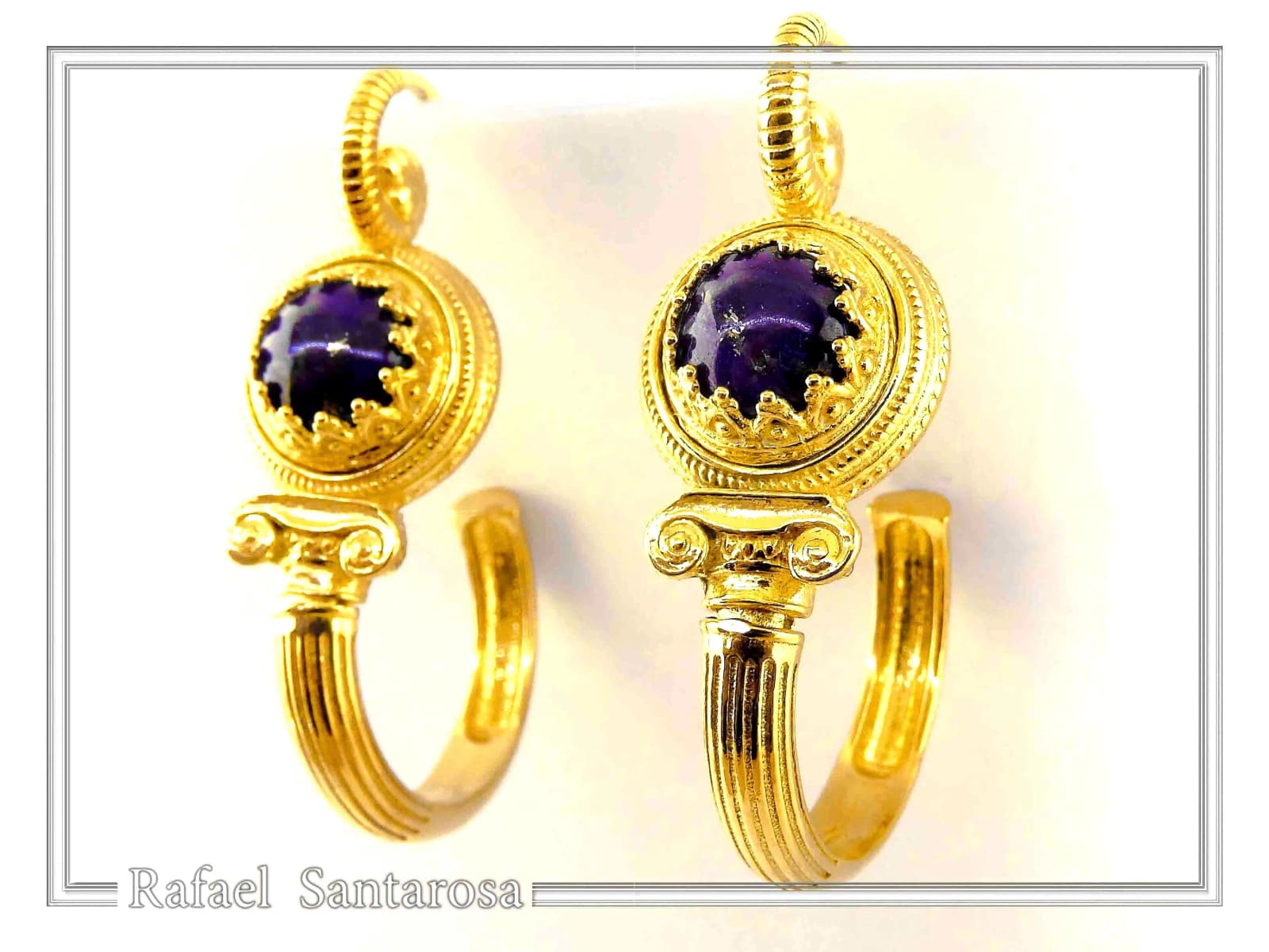 Genuine Lapis Lazuli Greek Column Hoop Earrings: 18K Gold-Filled Sterling Silver, Museum Jewelry — Earrings from Rafael Santarosa Fine Jewelry