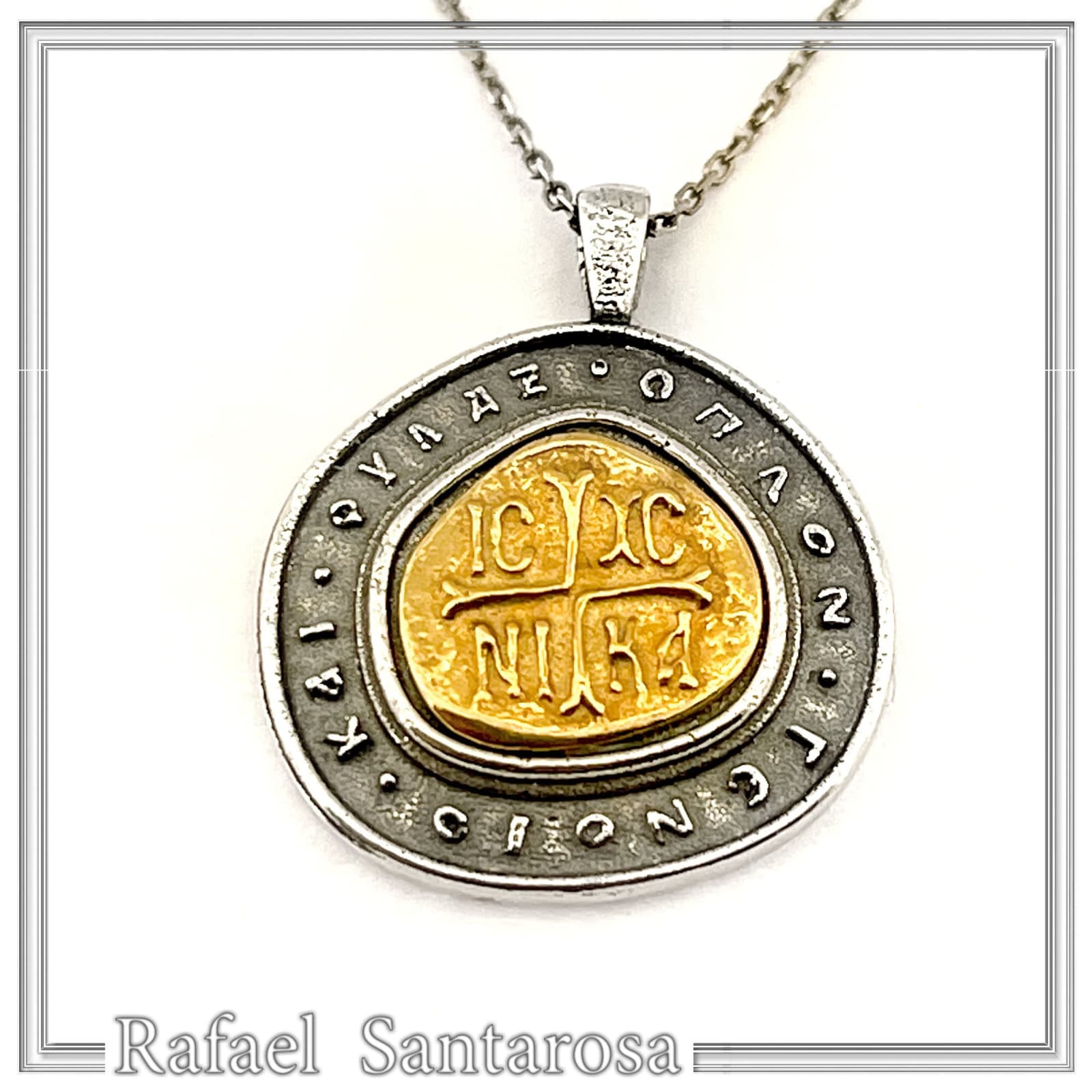 Jesus Christ Victorious Necklace: 18K Gold Christogram & Oxidized Sterling Silver. ICXC NIKA Orthodox Prayer. — Necklaces from Rafael Santarosa Fine Jewelry
