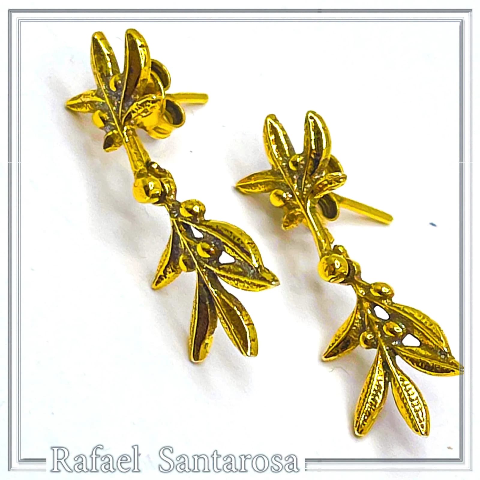 18K Gold Filled Sterling Silver Olive Branch Dangle Earrings: Floral Olive Greek Jewelry — Earrings from Rafael Santarosa Fine Jewelry