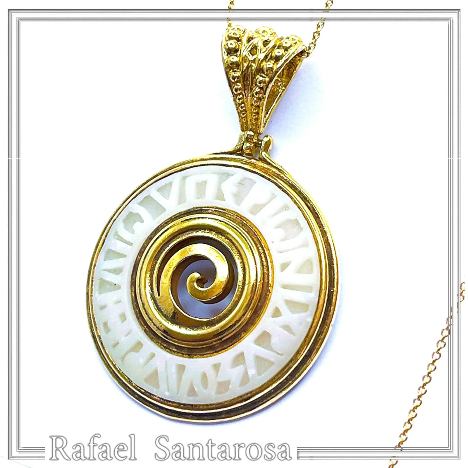 Ancient Greek Prayer Hymn to God Sun Pendant: 18k Gold Filled Silver, Sculptured Marble — Necklaces from Rafael Santarosa Fine Jewelry