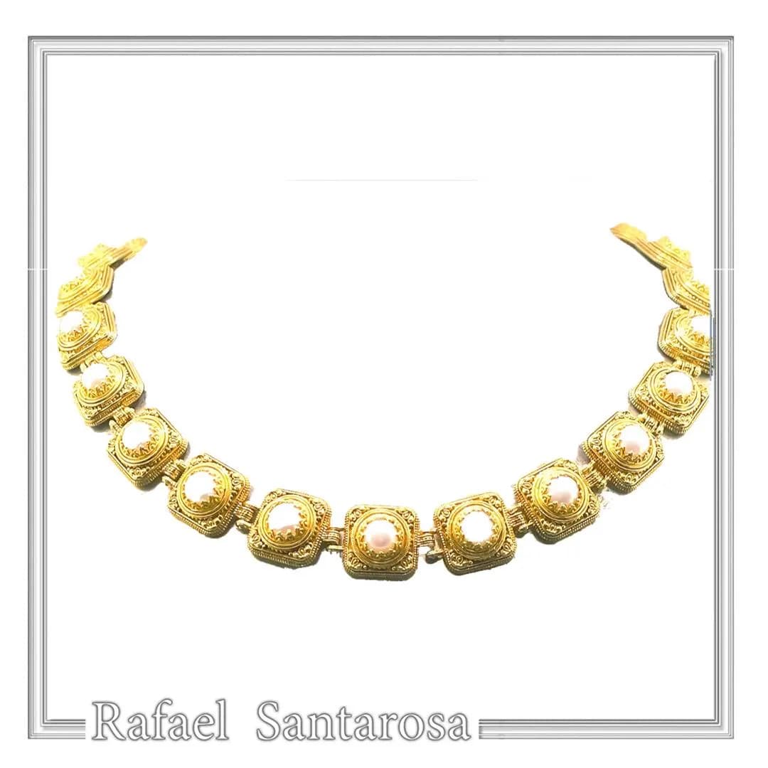 Filigree Genuine Pearl Beaded Necklace for Ladies: 18K Gold-Filled Sterling Silver Ancient Greek Style — Necklaces from Rafael Santarosa Fine Jewelry